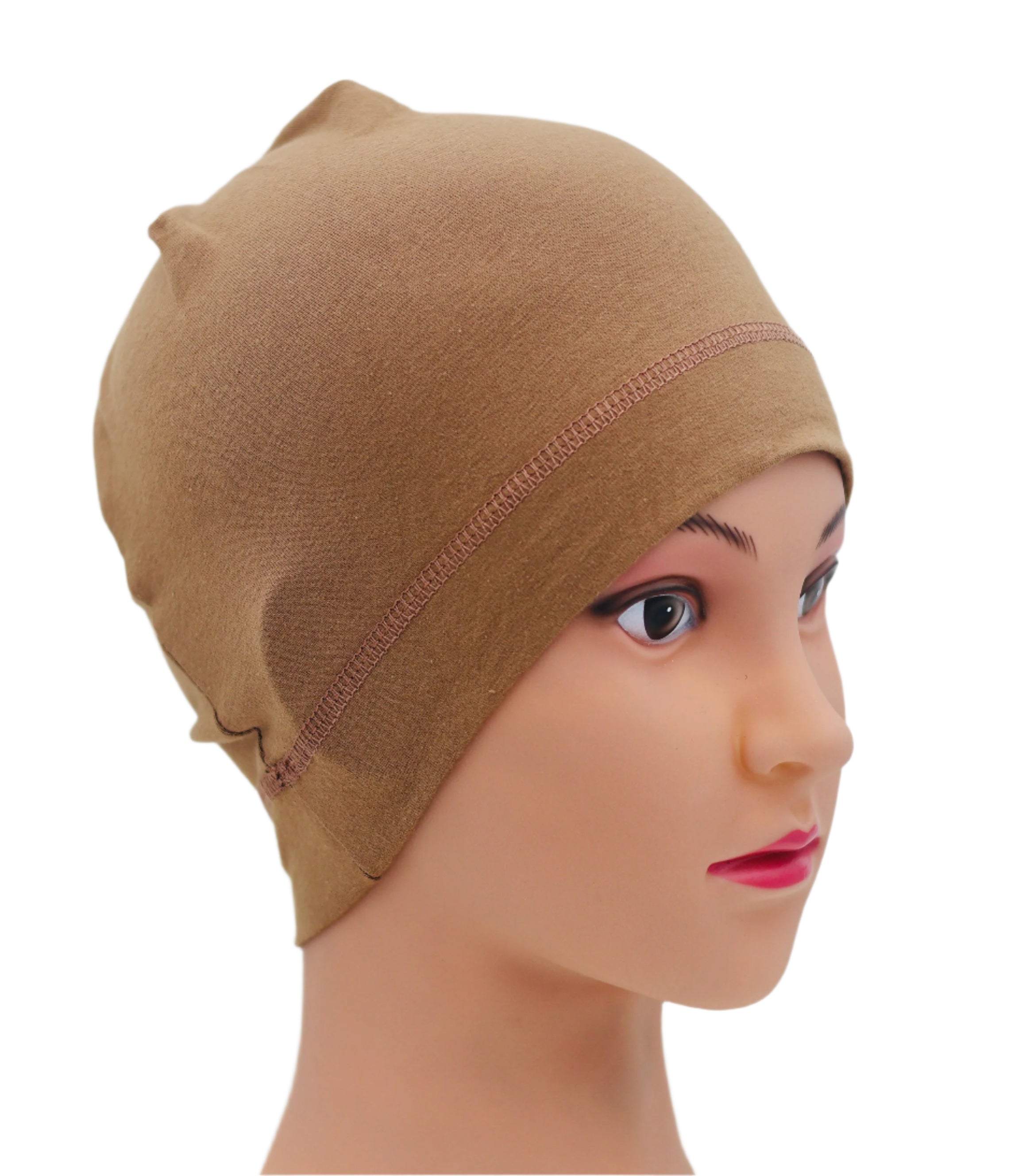 Brown UHL (UNDER HELMET LINER) BEANIE headscarf on a mannequin head against a plain background