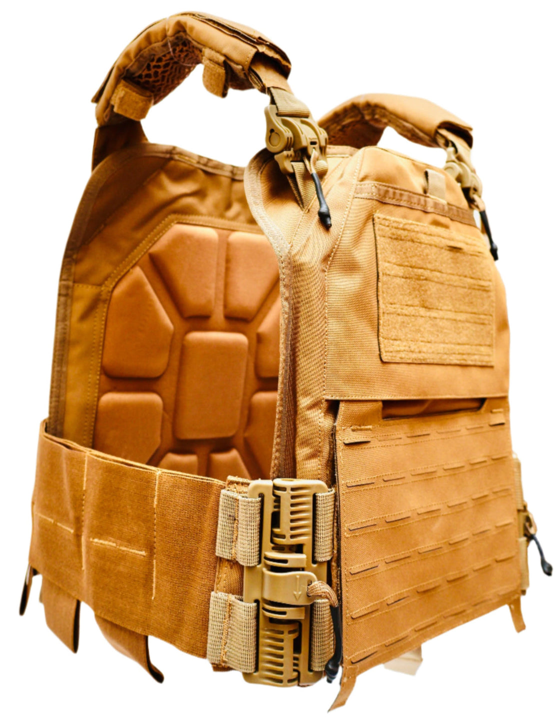Tan tactical vest on a white background with boxes in the background