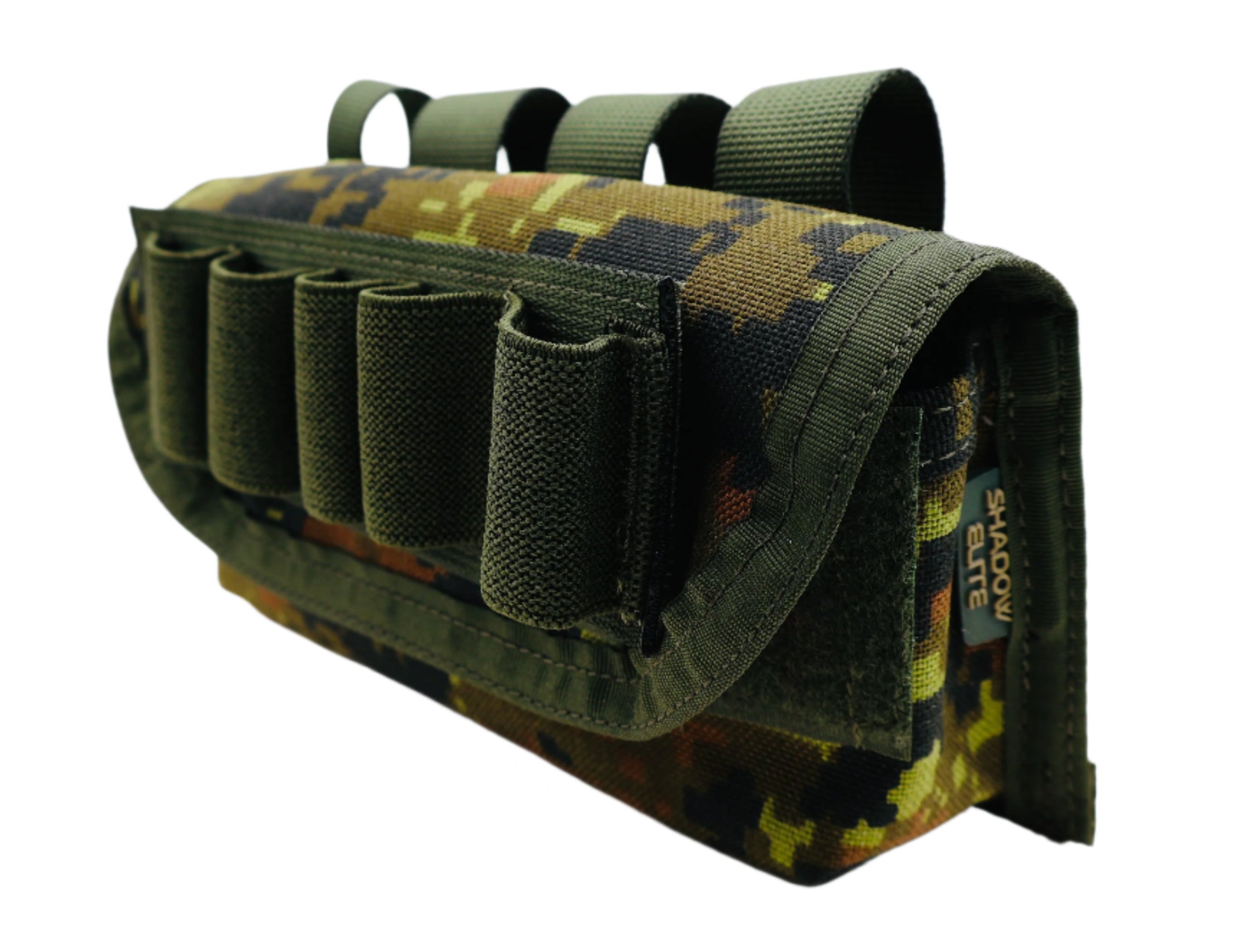 Camouflage tactical magazine pouch on a white surface with a light gray background