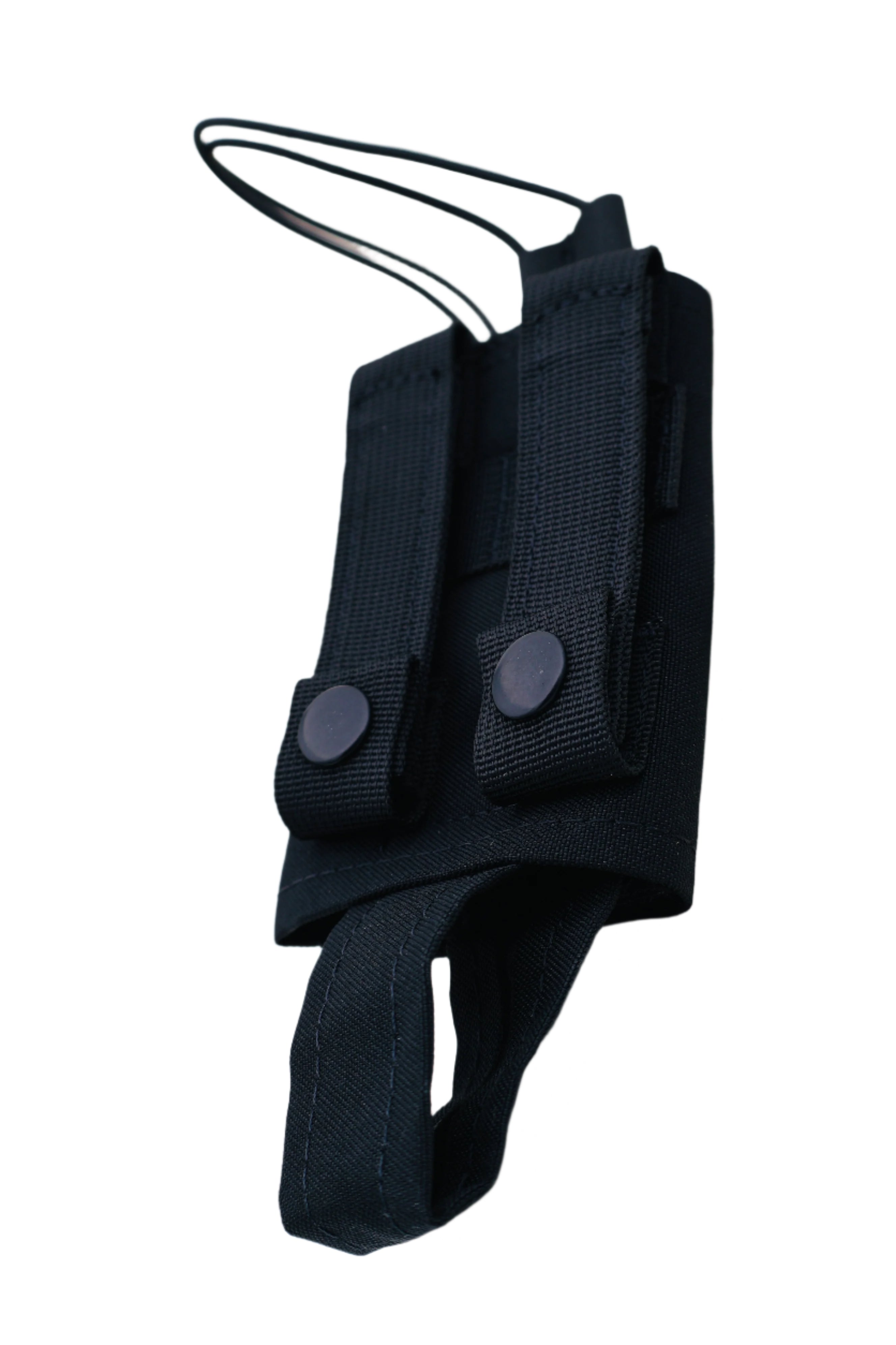 backside view of A black fully adjustable radio pouch with a buckle closure and an adjustable strap.