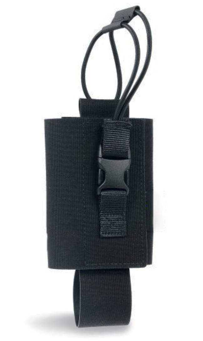 A black fully adjustable radio pouch with a buckle closure and an adjustable strap.
