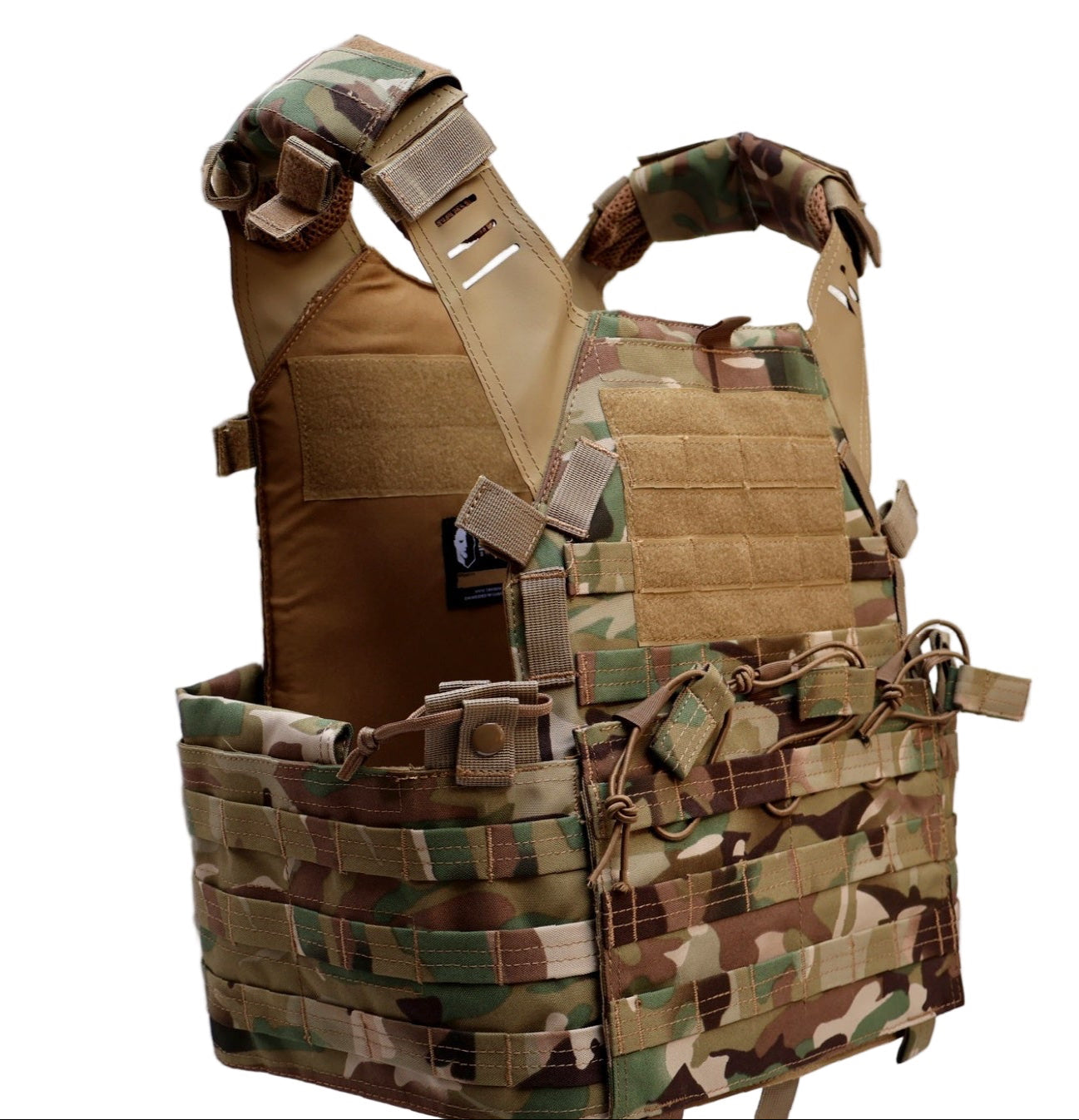 Multicam Camouflage tactical vest with multiple straps and pockets on a white background