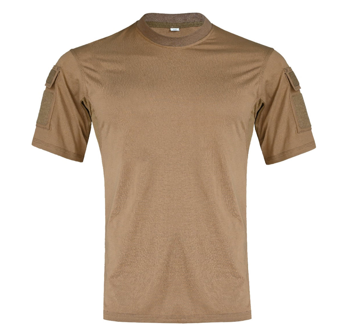 front view of A Coyote/Tan combat t-shirt with short sleeves, featuring reinforced shoulder patches and pockets on the sleeves.