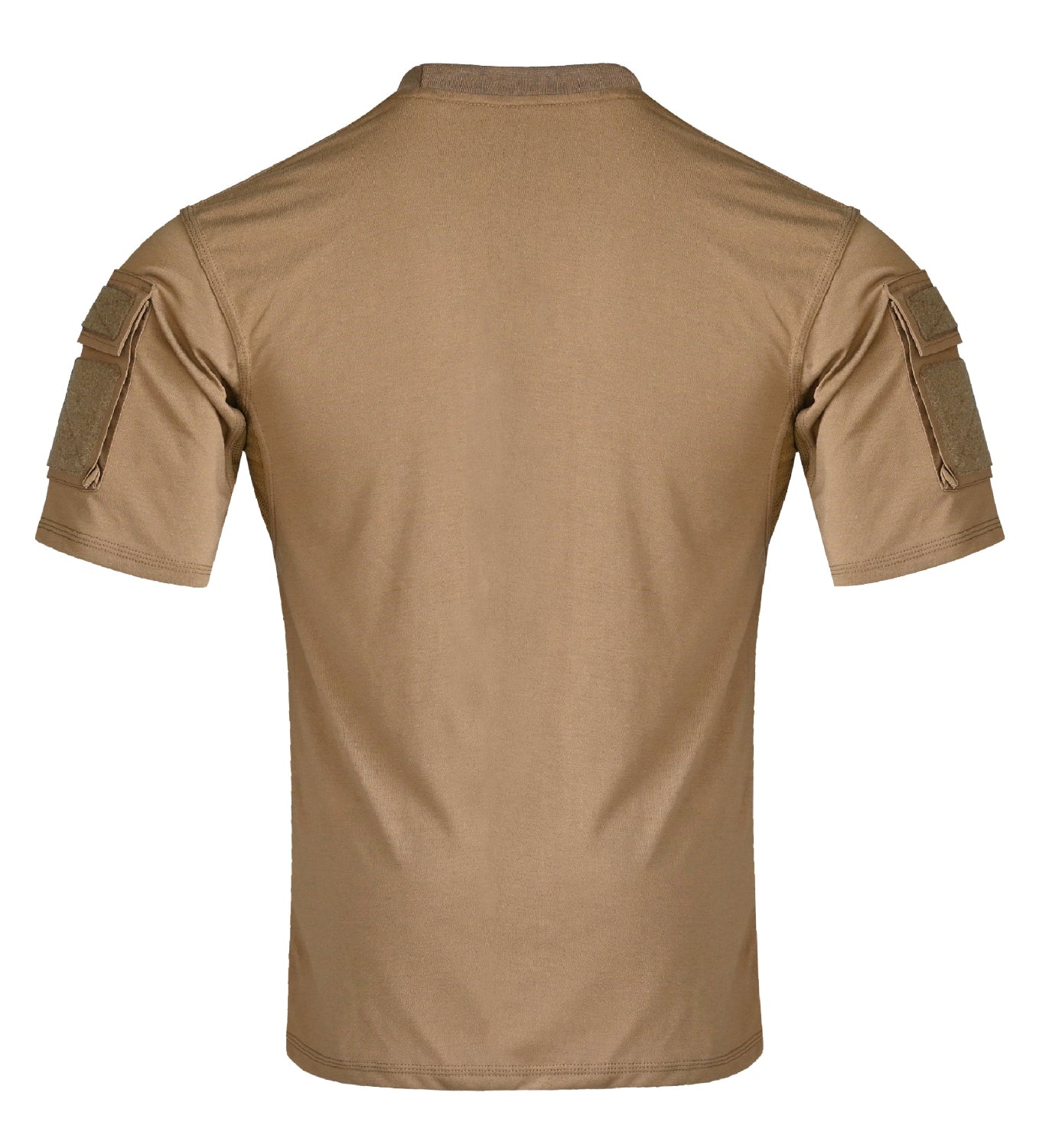 backside view of A Coyote/Tan combat t-shirt with short sleeves, featuring reinforced shoulder patches and pockets on the sleeves.