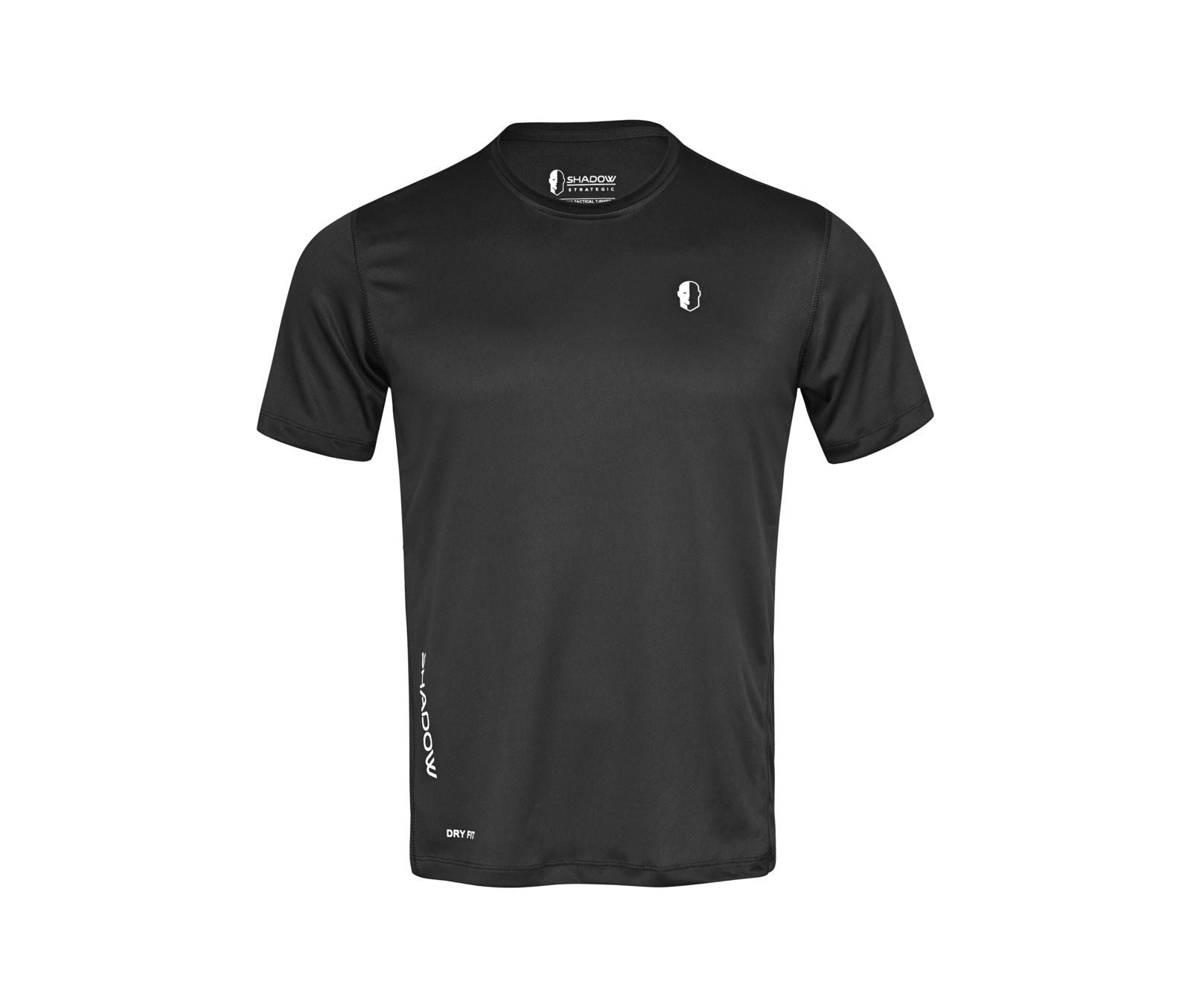 front view of A Printted crew neck tactical t-shirt with short sleeves and a logo on the chest colour Black.