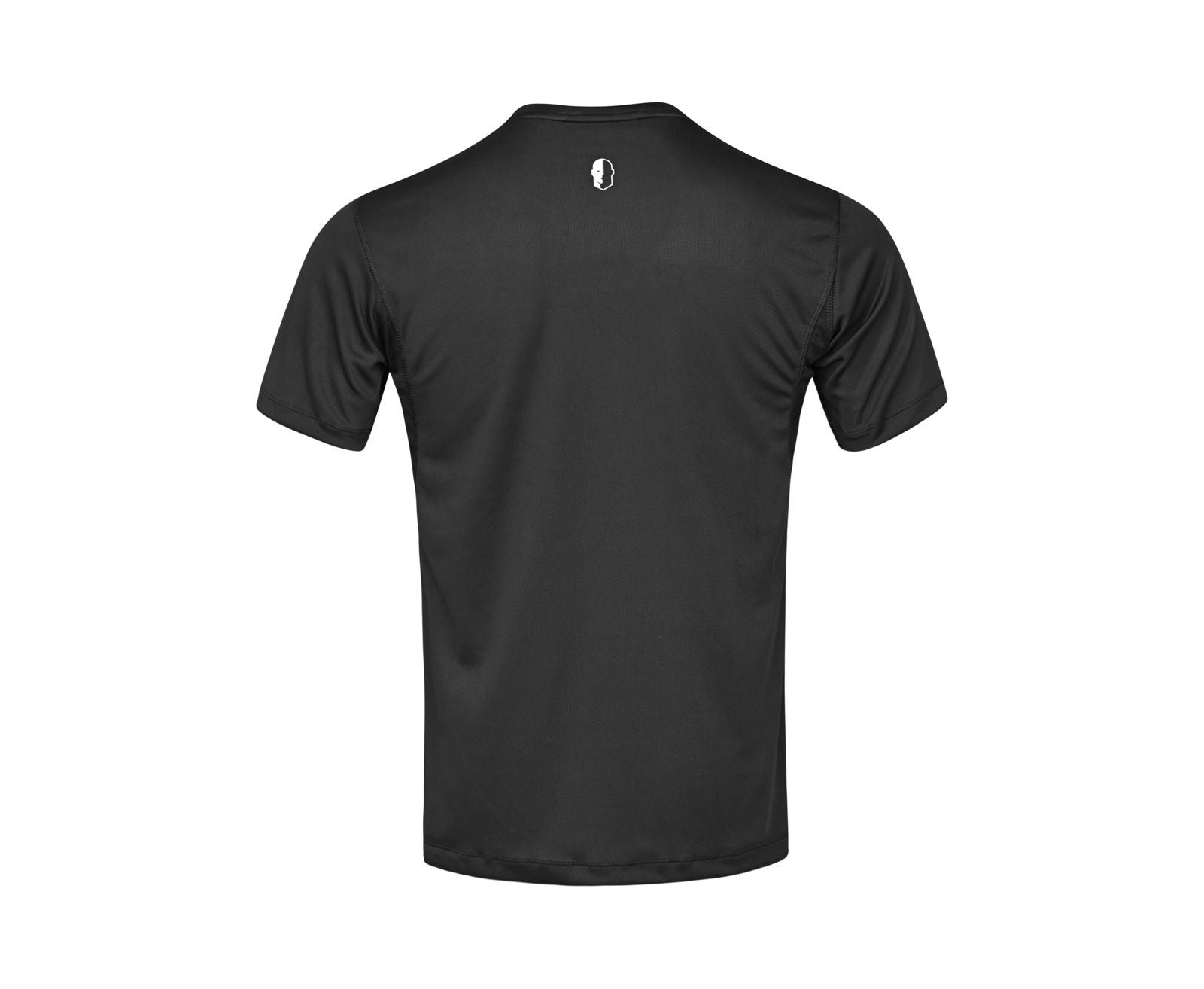backside view of Black Printed crew neck tactical t-shirt with short sleeves and a logo on the chest.