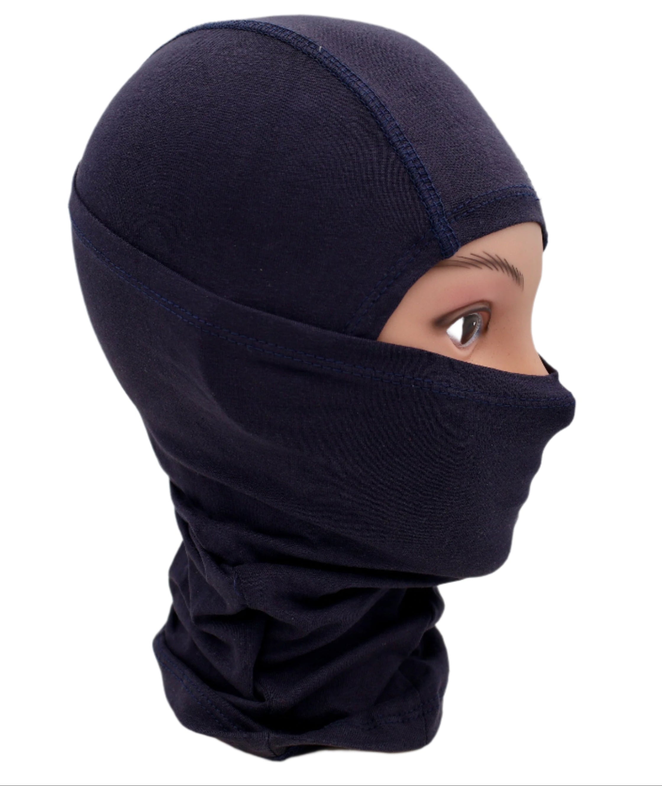 Navy blue hijab on a mannequin head against a white background