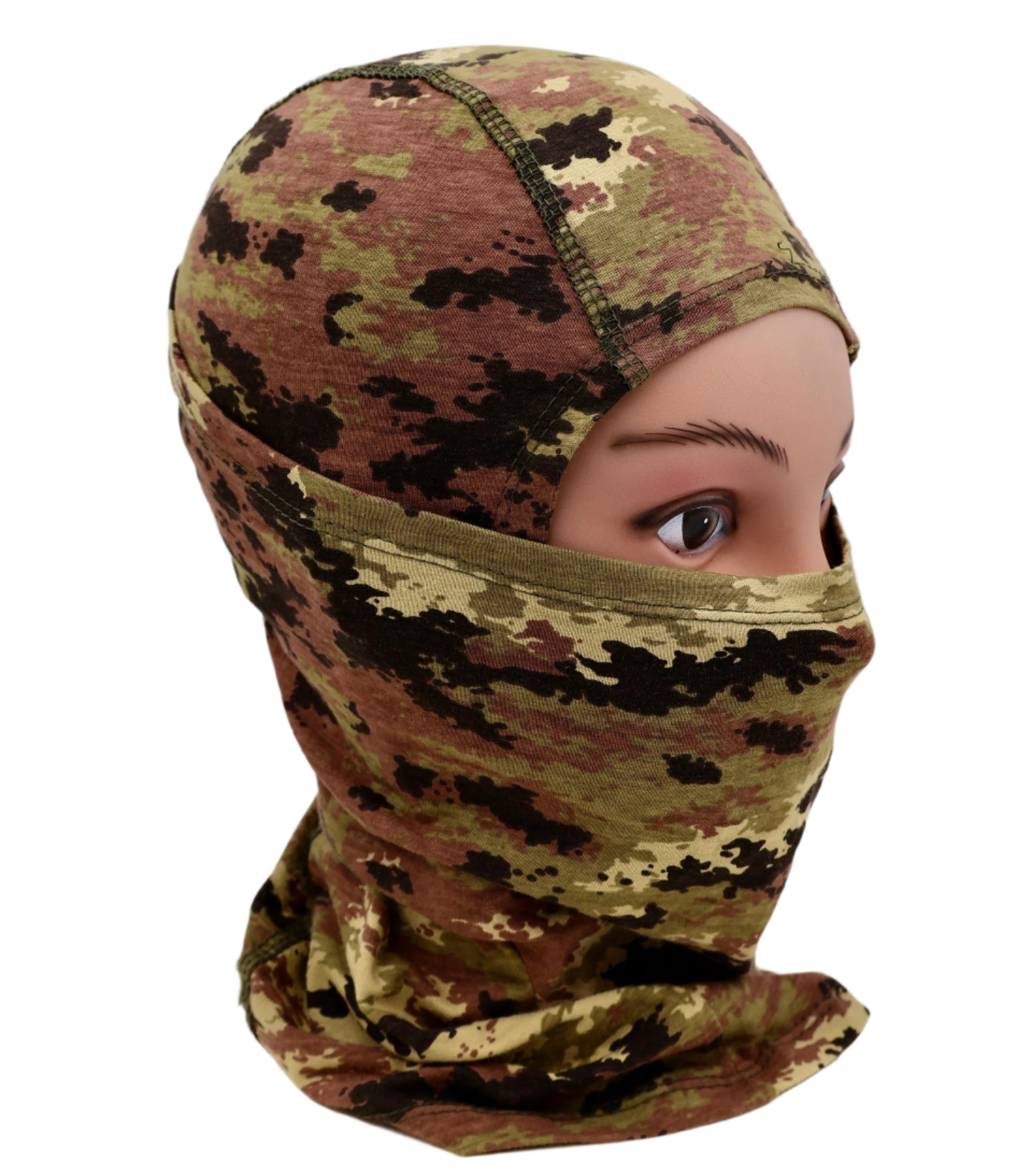 Italian Vegetato Camouflage balaclava on a mannequin head against a white background