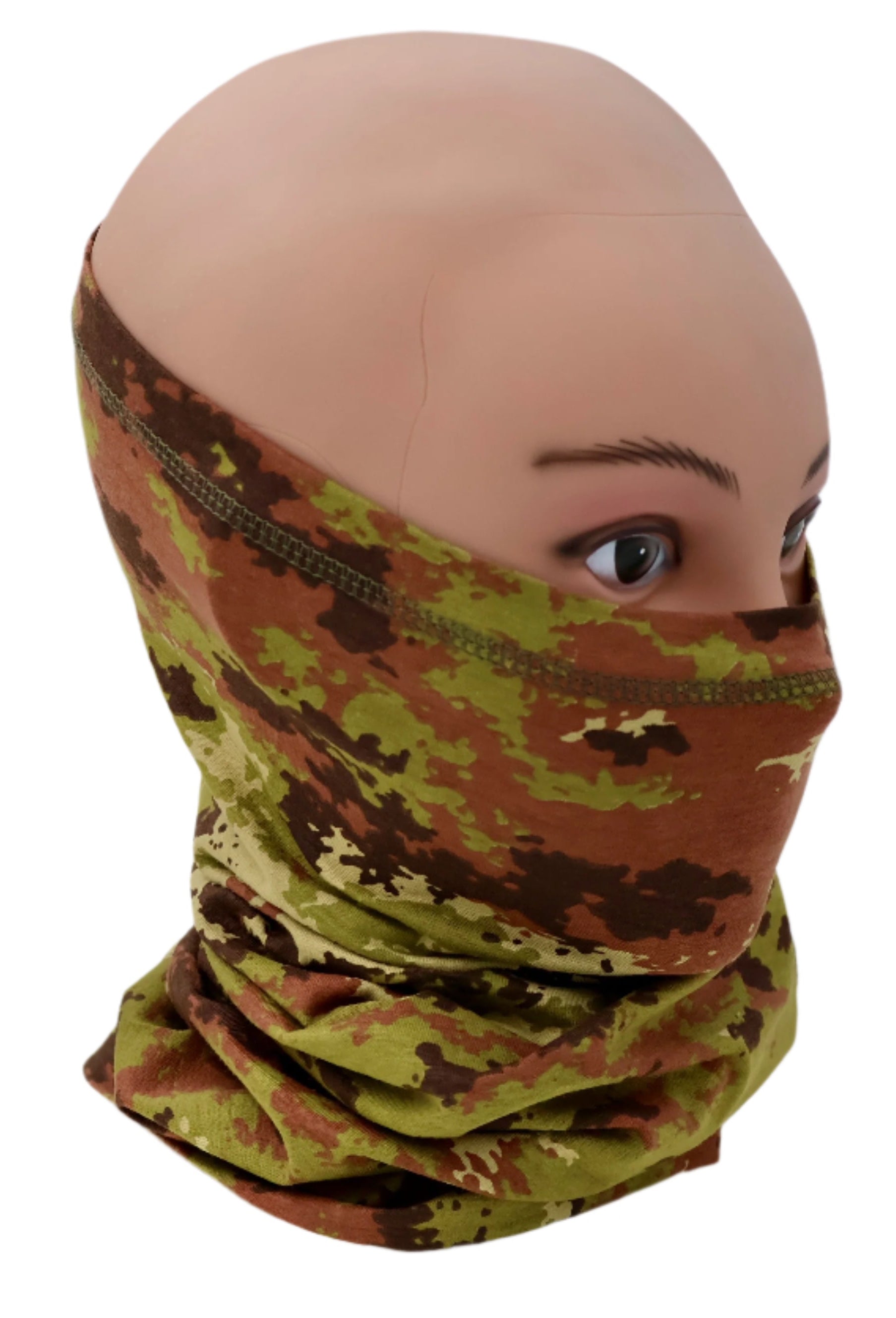 Mannequin head wearing a Italian Vegetato camouflage neck gaiter against a white background