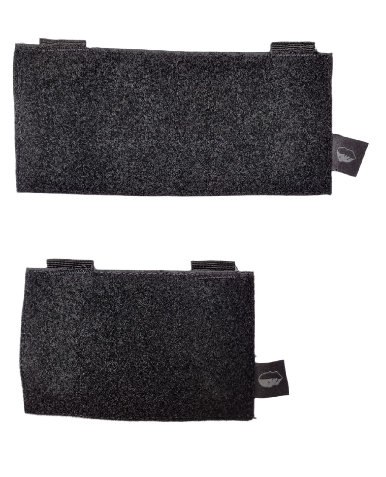 Two black MOLLE velcro patch panels with a textured surface, designed for attachment to equipment or bags.