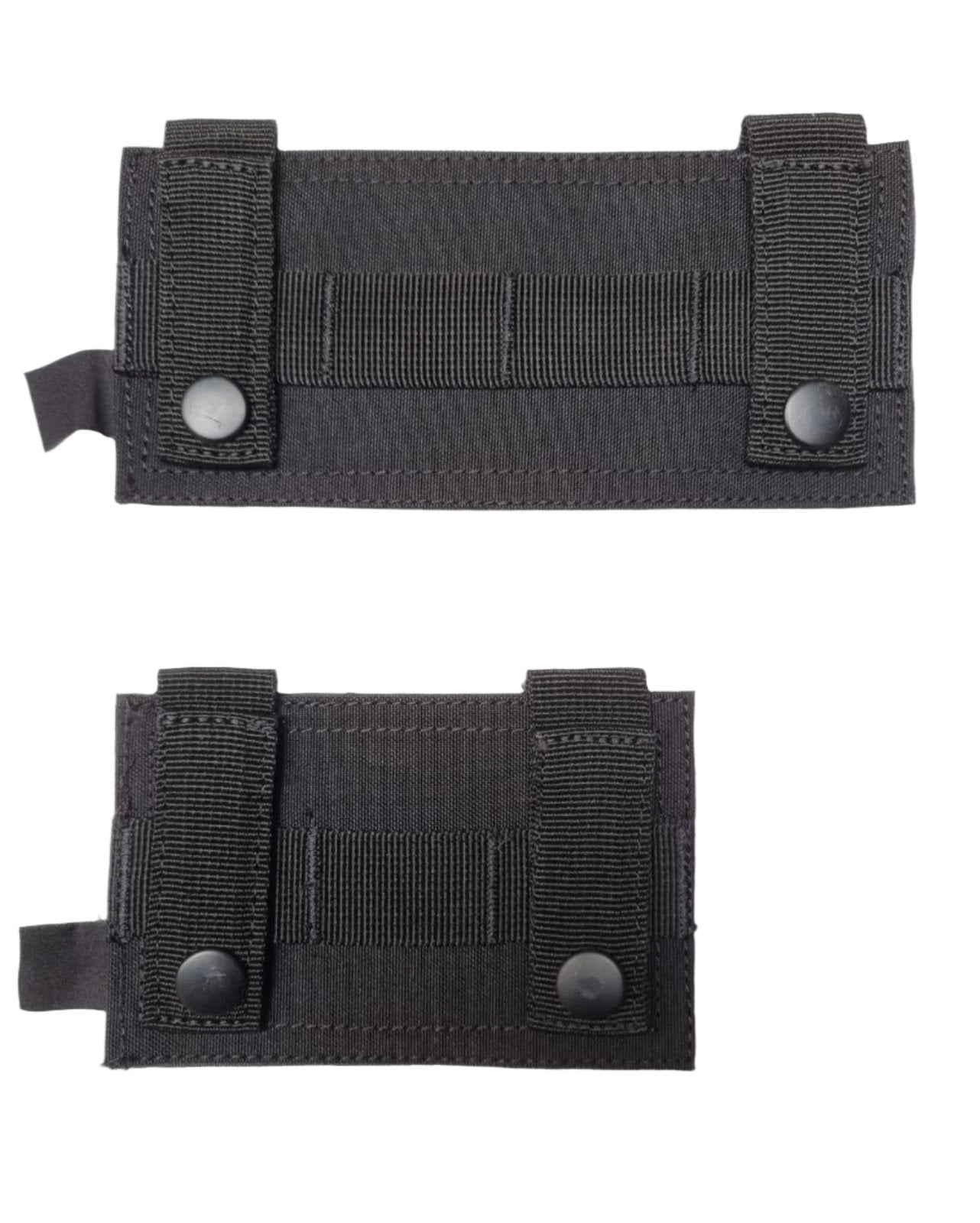 backside view of Two black MOLLE velcro patch panels with a textured surface, designed for attachment to equipment or bags.