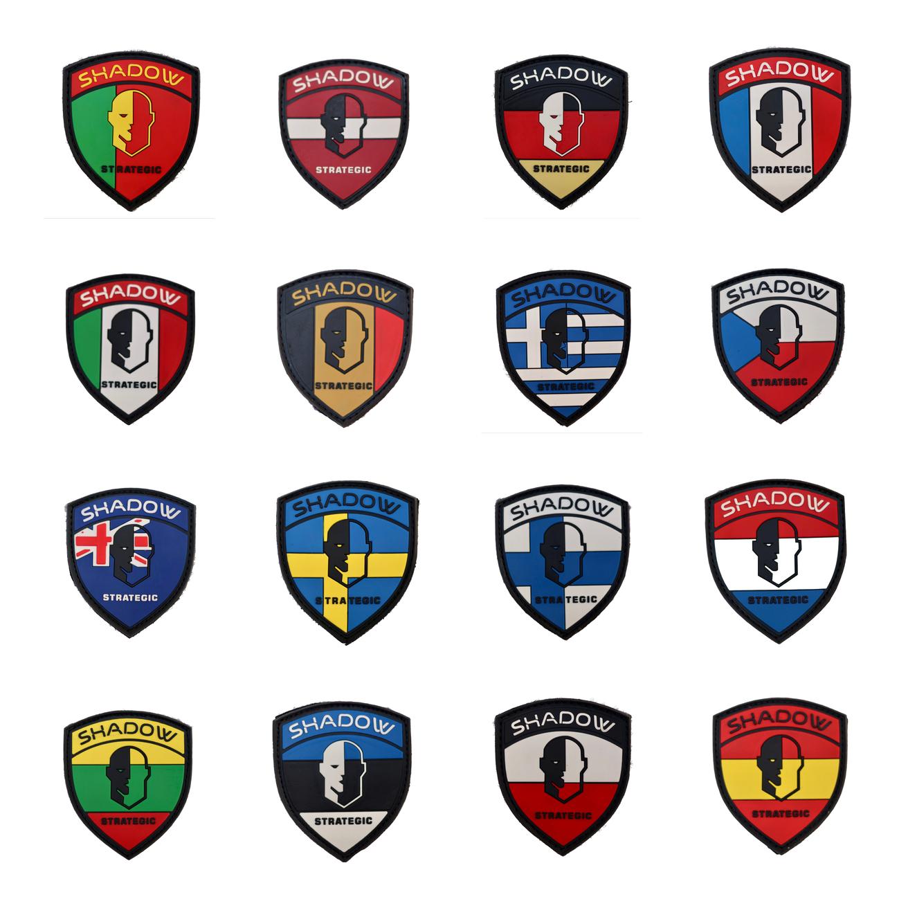 Collection of 'Shadow Strategic' logos Shadow Strategic European country flag PVC patches collection on a white background