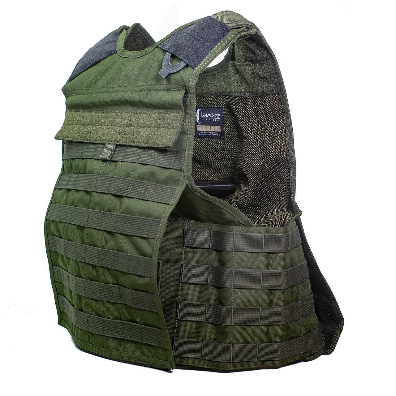 A green Shadow Atlas Plate Carrier vest with molle webbing and padding designed for holding armor plates.