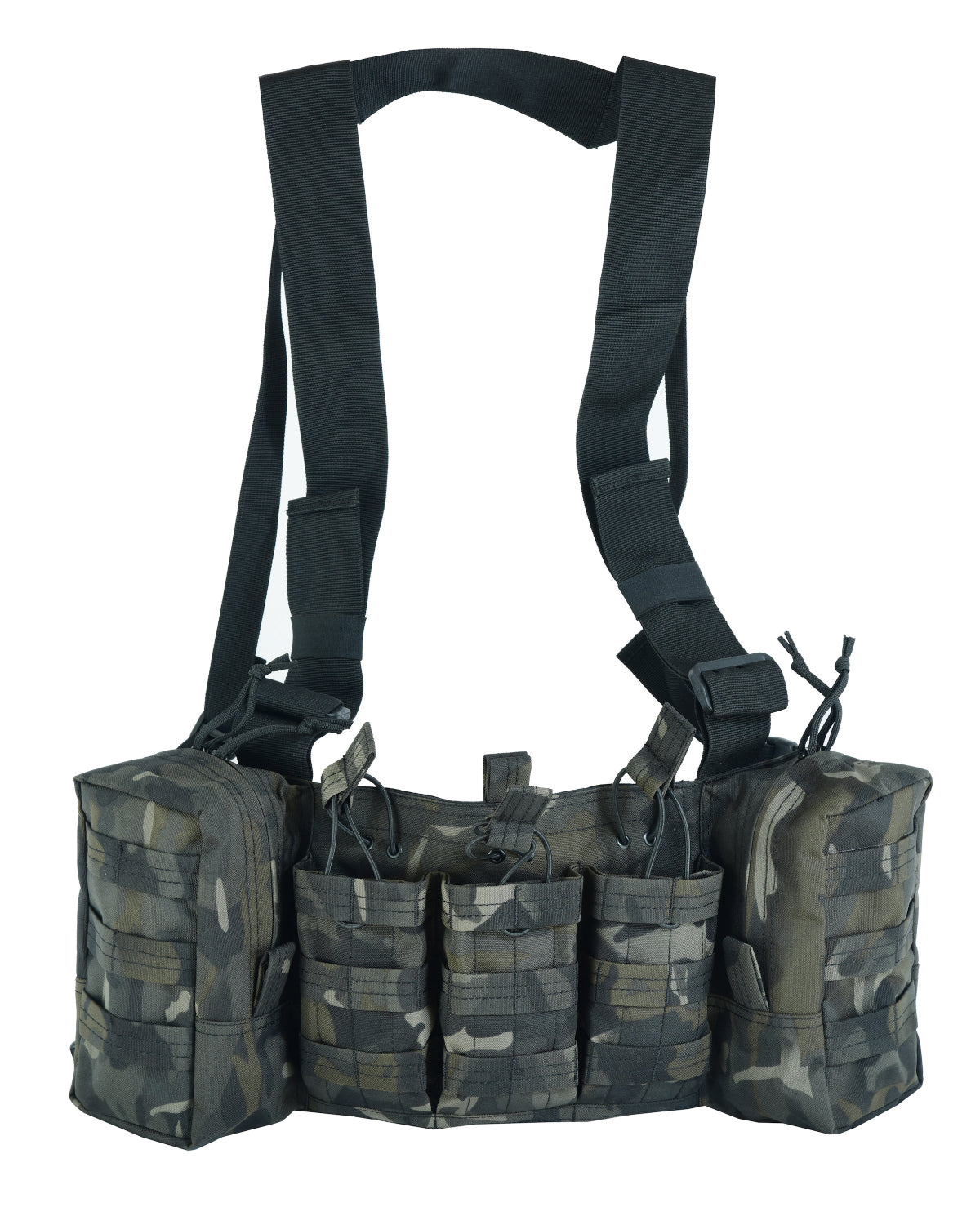 A Multicam Black camouflage chest rig with multiple pouches and a harness system designed to carry M4 style magazines and other small equipment.