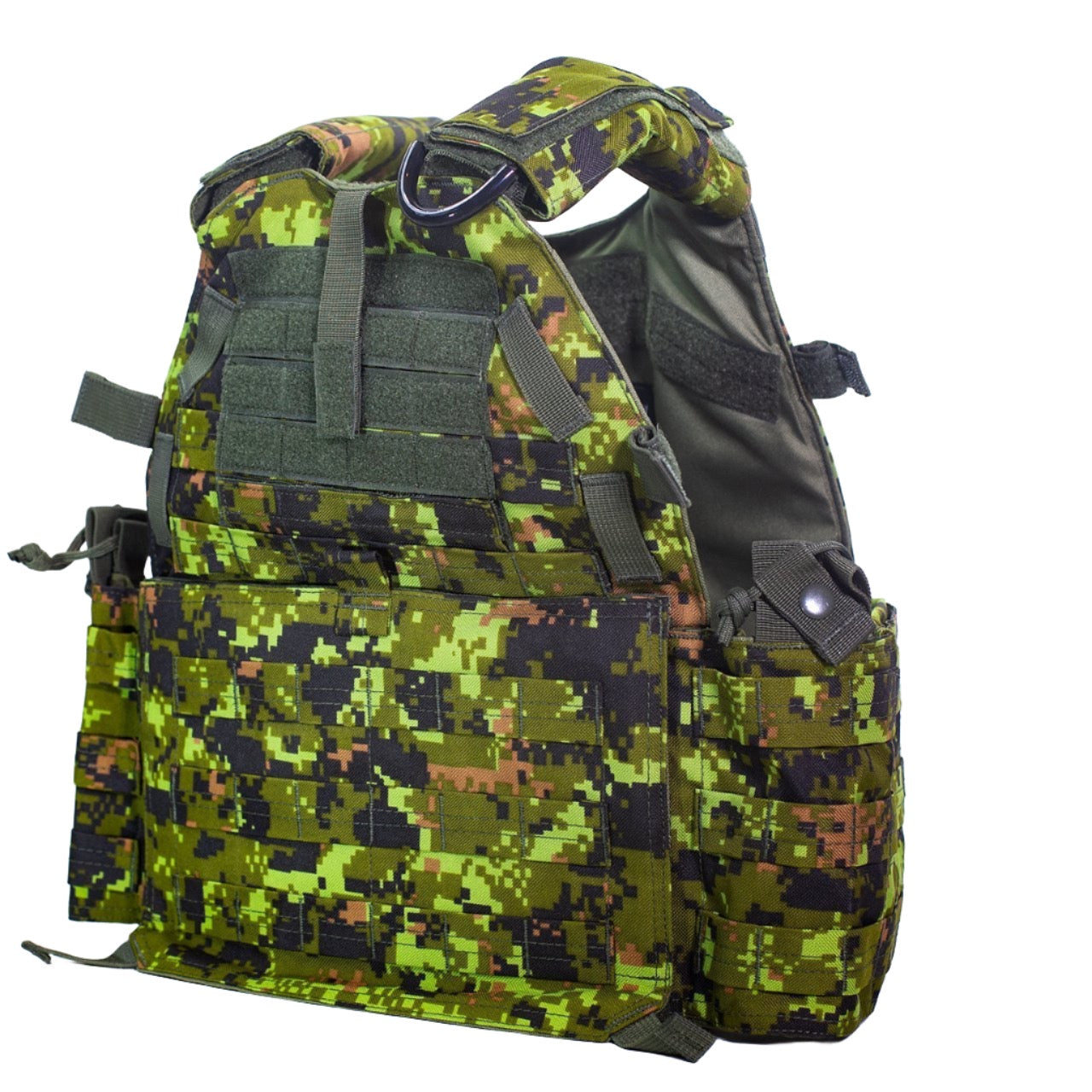 A camouflage plate carrier vest with multiple pouches and attachment points, designed for tactical and military use.
