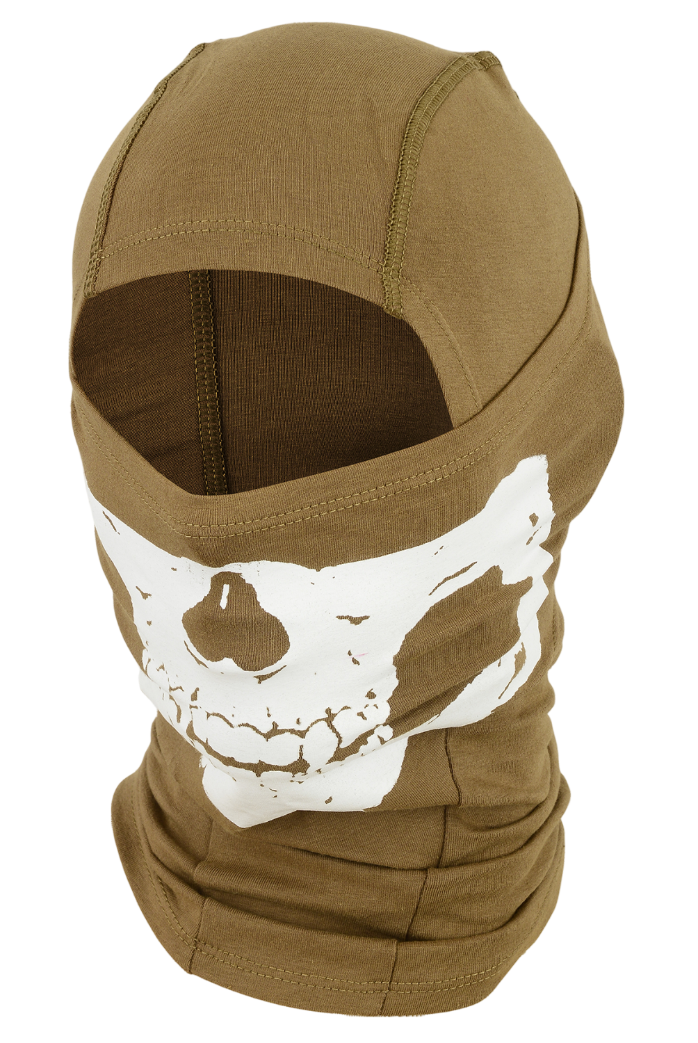 A brown balaclava with skull printing on the front.