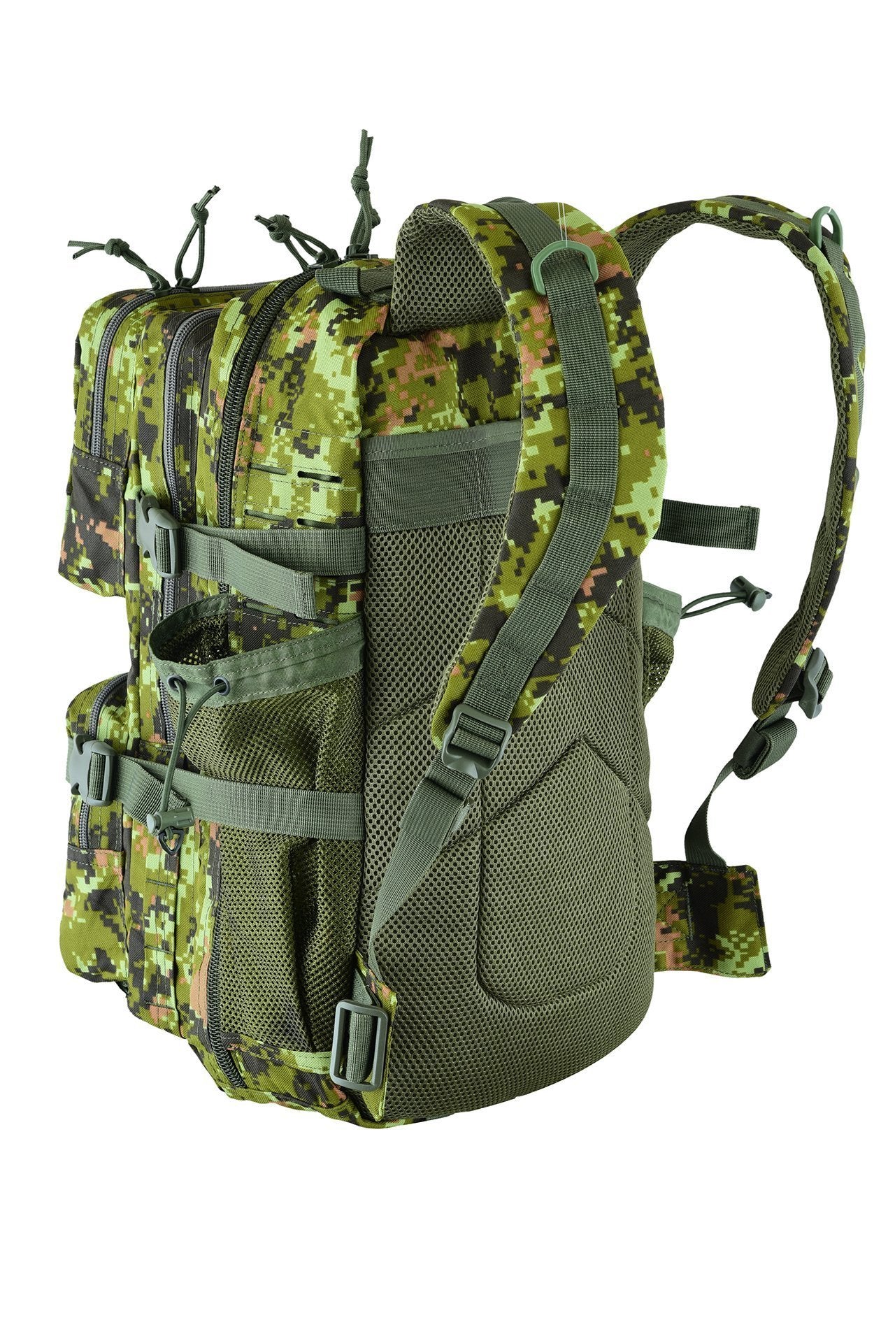 A CadPat / Estonian camouflage backpack with multiple compartments and adjustable straps, equipped with a hydration sleeve and additional external pouches.