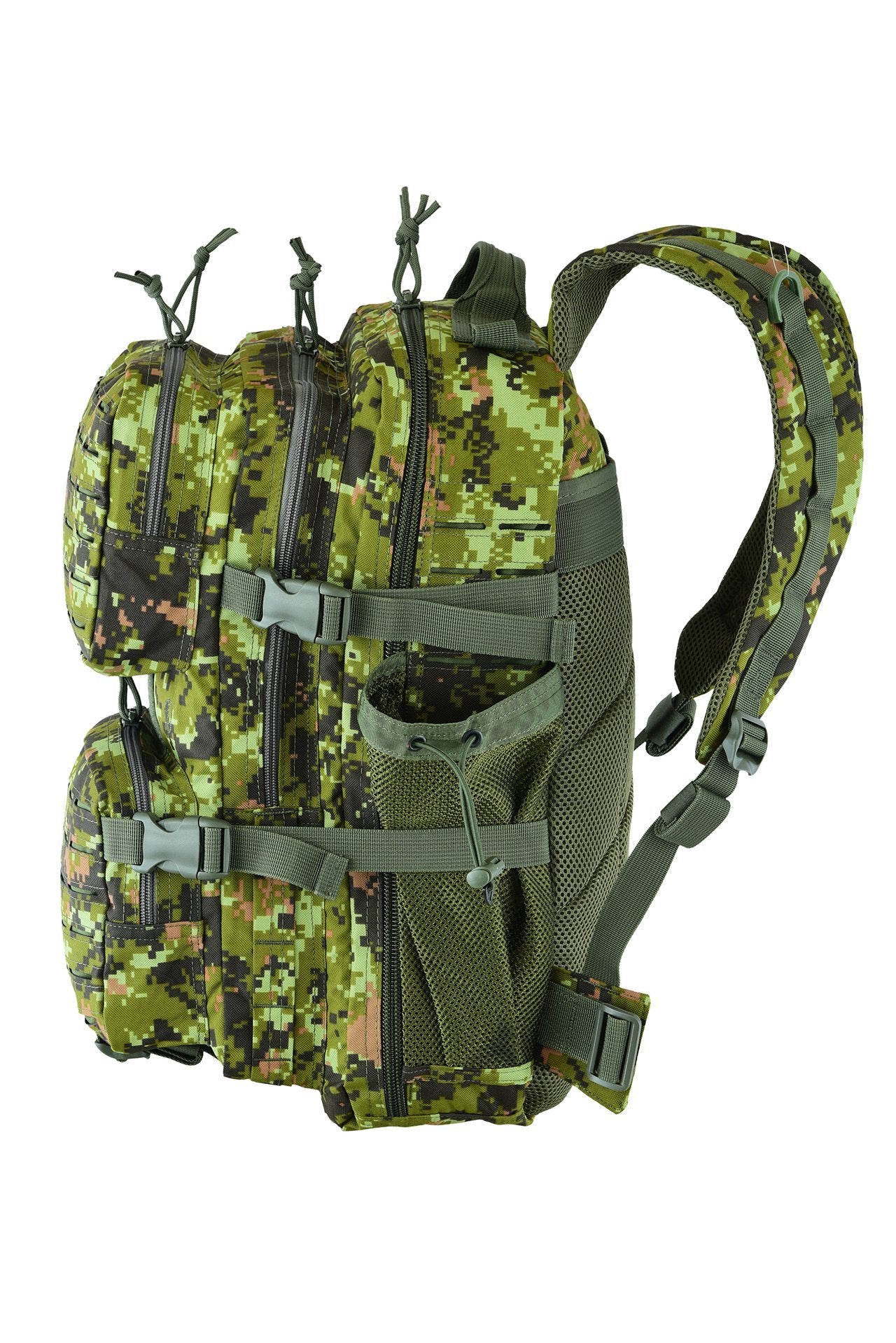 Side view of a CadPat / Estonian camouflage backpack with multiple compartments and adjustable straps, equipped with a hydration sleeve and additional external pouches.