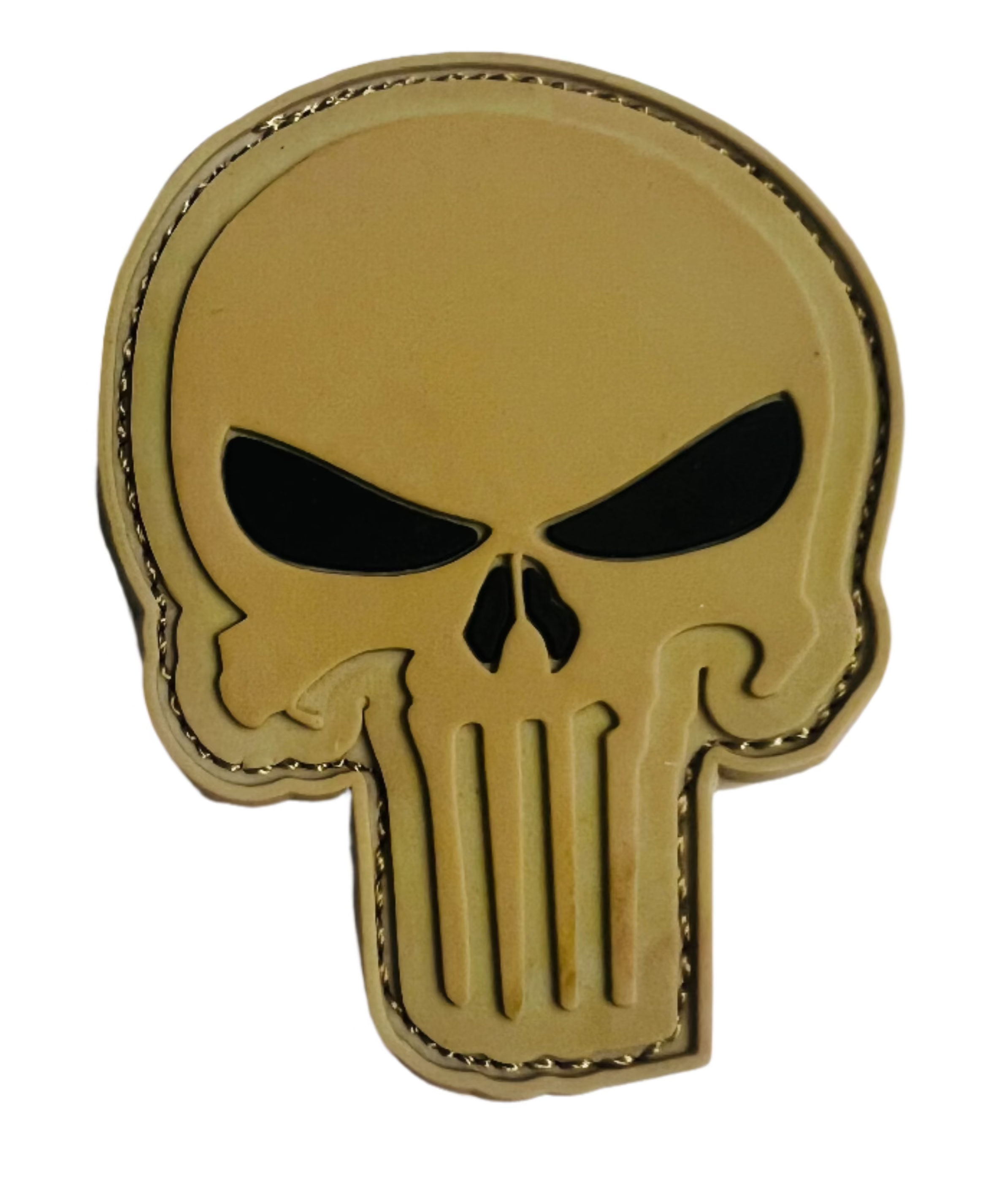 Beige Punisher skull logo patch on a white background