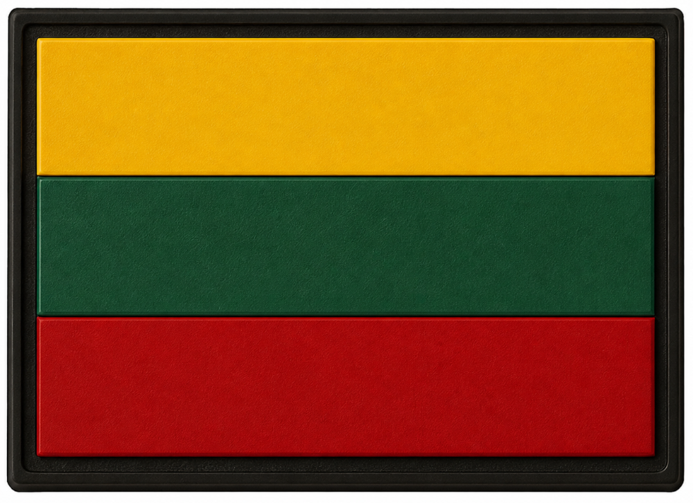 Lithuanian flag patch with yellow, green, and red stripes on a white background