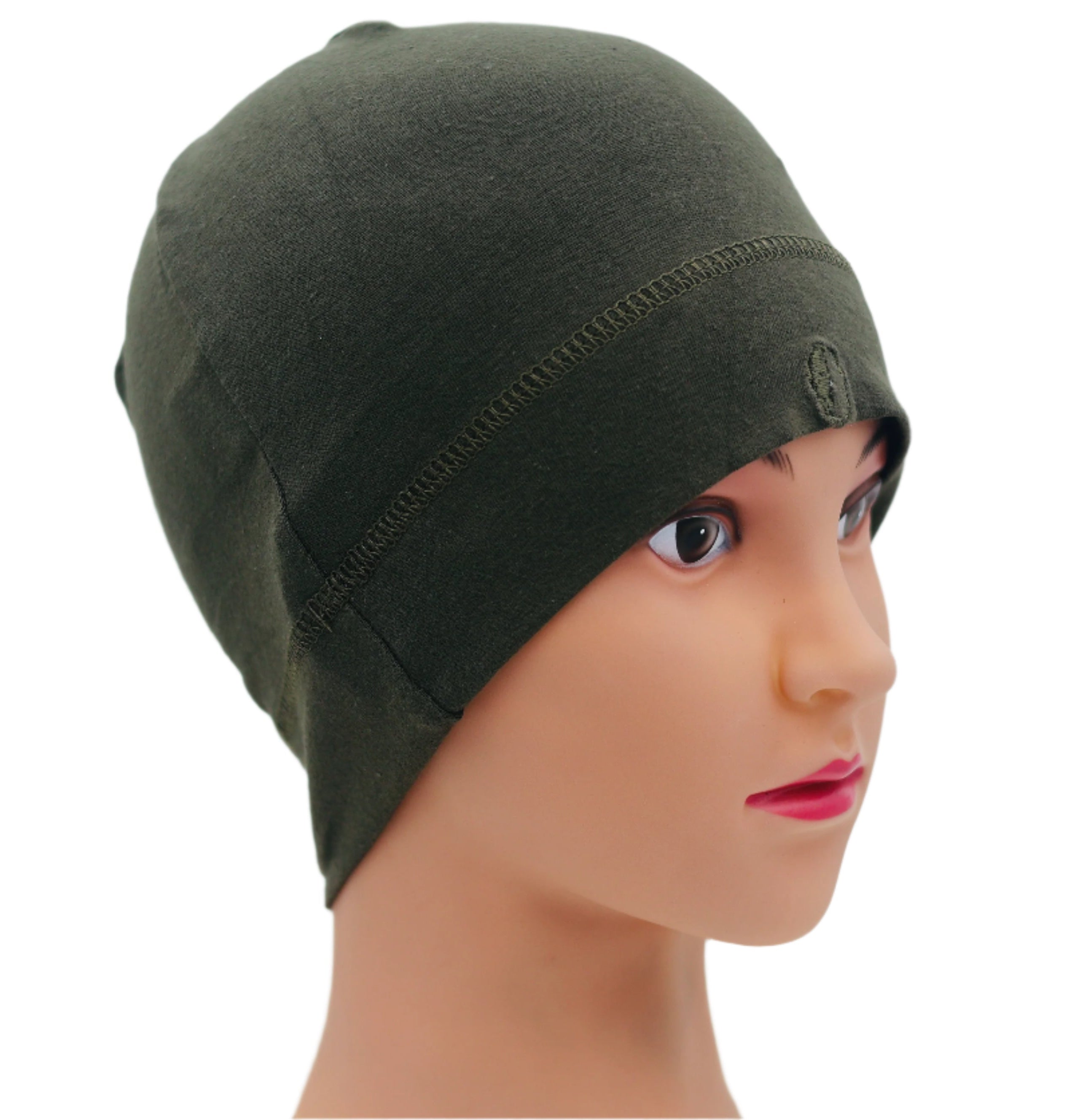 Mannequin head wearing a OD green UHL (UNDER HELMET LINER) BEANIE against a plain background