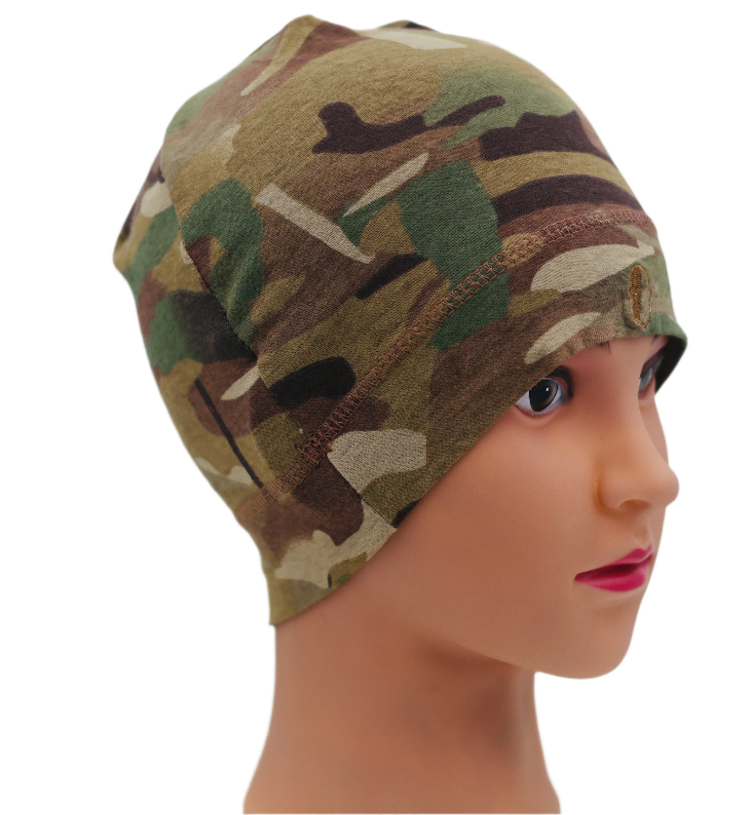Multicam Camouflage UHL (UNDER HELMET LINER) BEANIE on a mannequin head against a plain background