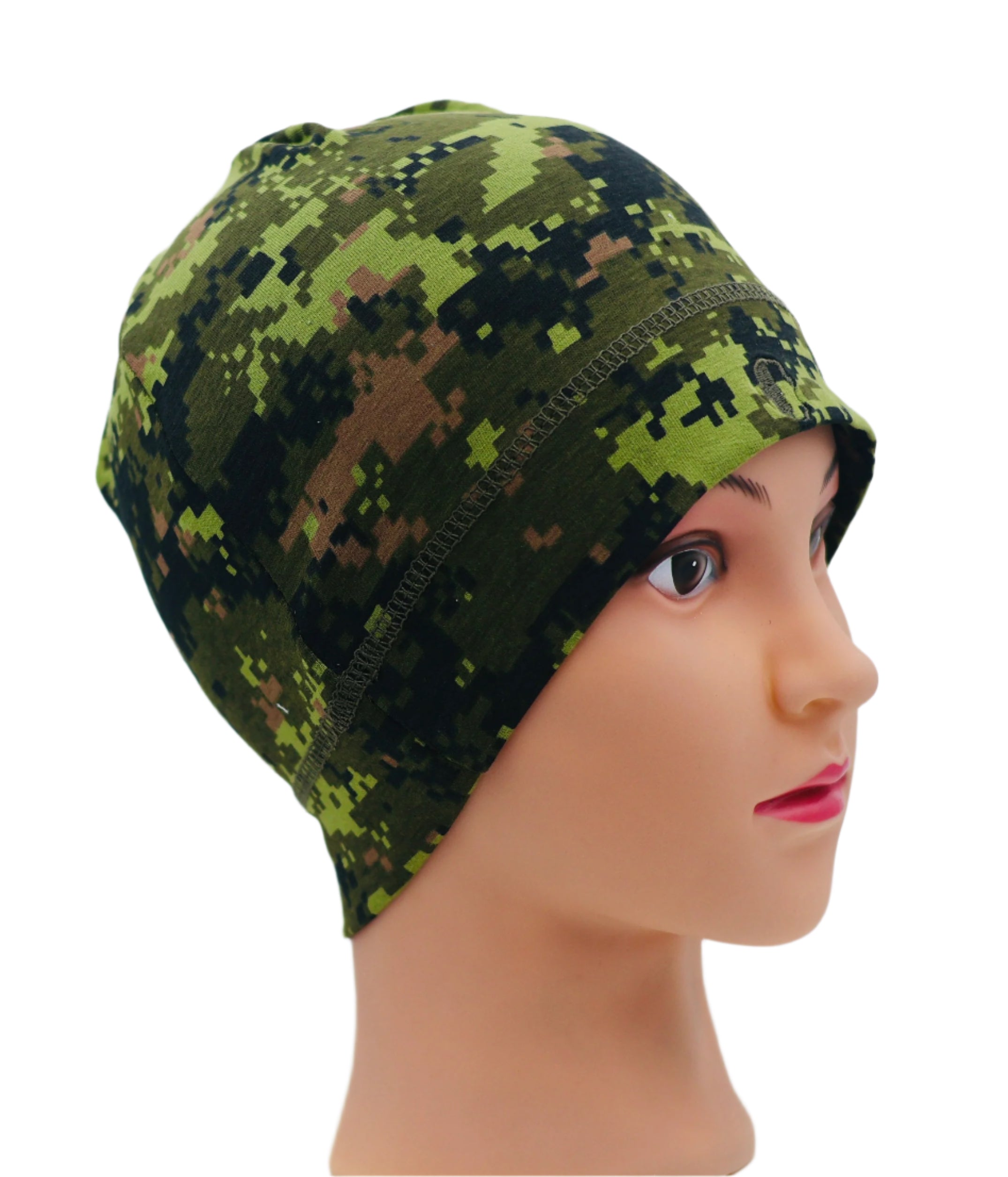 Mannequin head wearing a green camouflage UHL (UNDER HELMET LINER) BEANIE against a white background