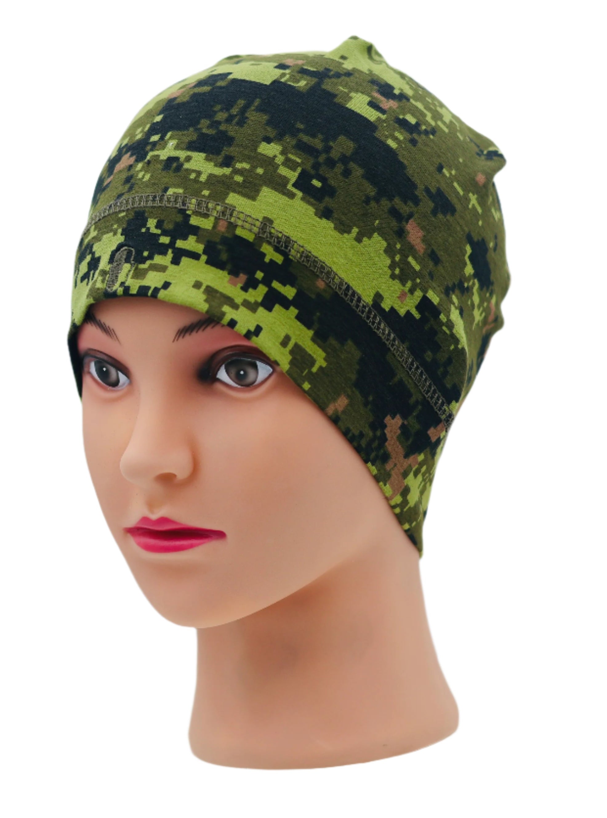 Mannequin head wearing a green camouflage UHL (UNDER HELMET LINER) BEANIE against a light gray background