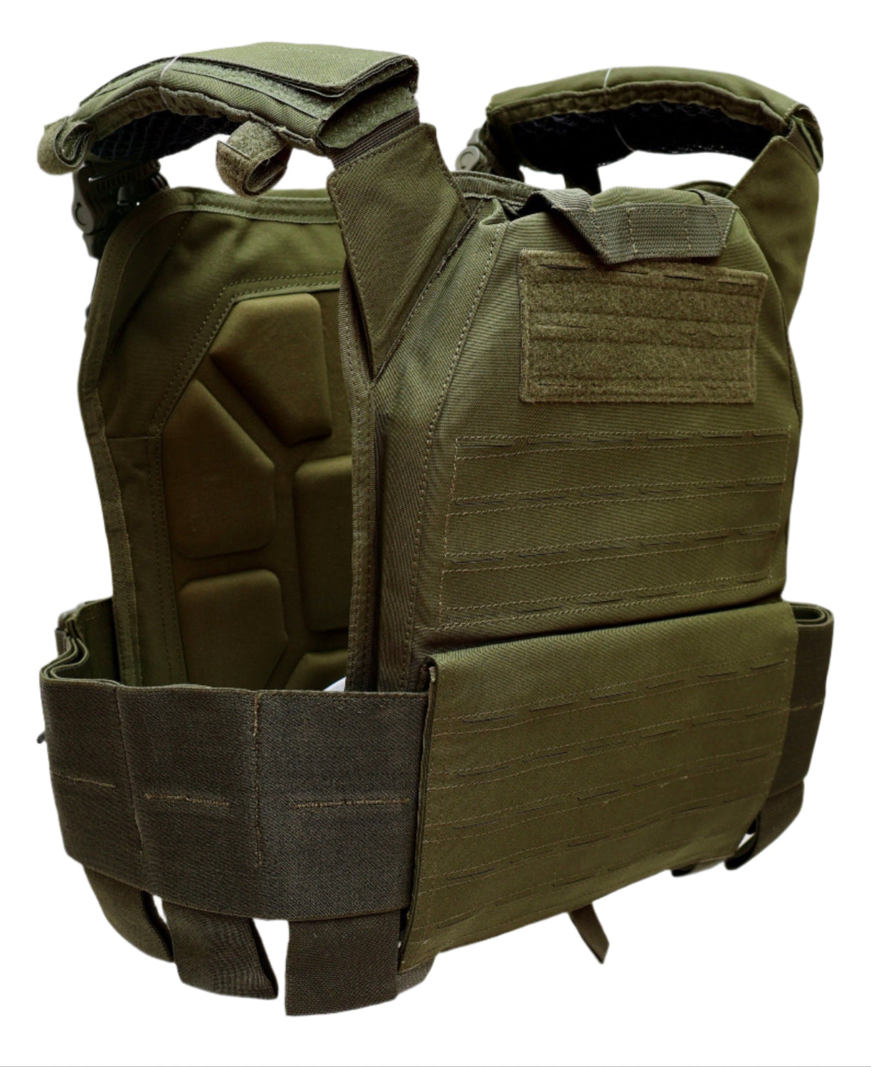 Olive green tactical vest on a white background