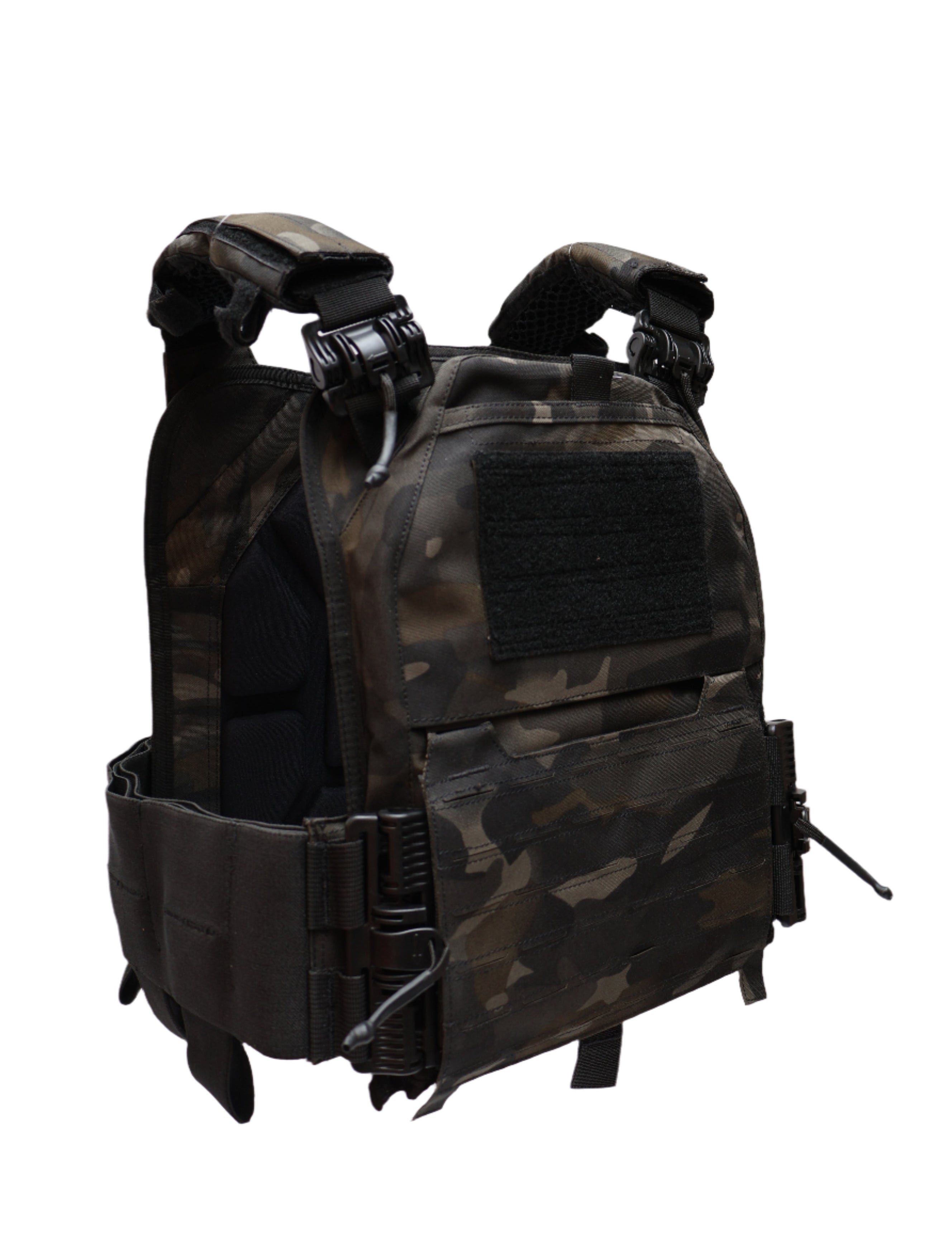 Model She-137 UTP Dark /Black Multicam Camouflage tactical vest front side on a white background