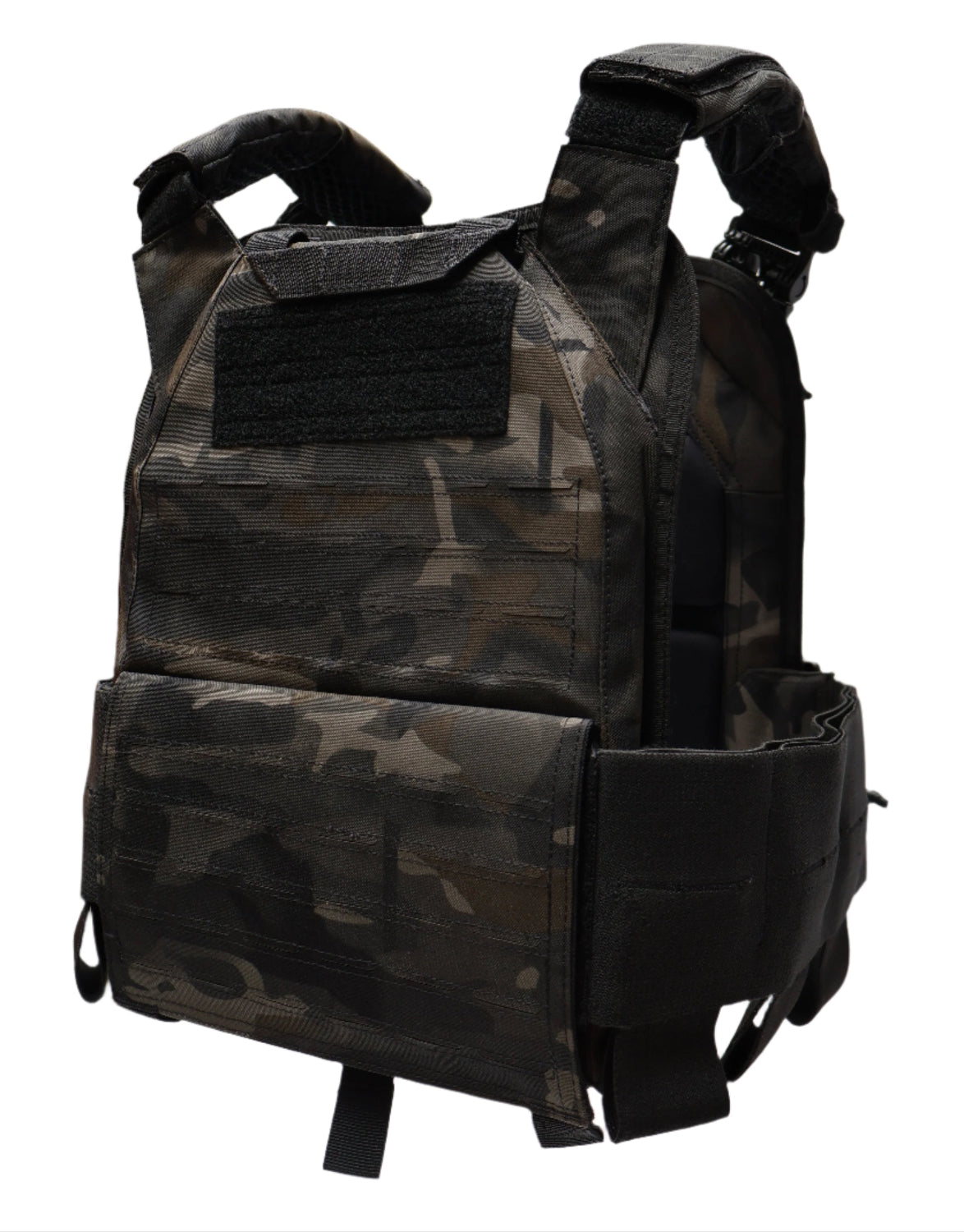 Multicam Black Camouflage tactical vest with multiple pouches on a white background
