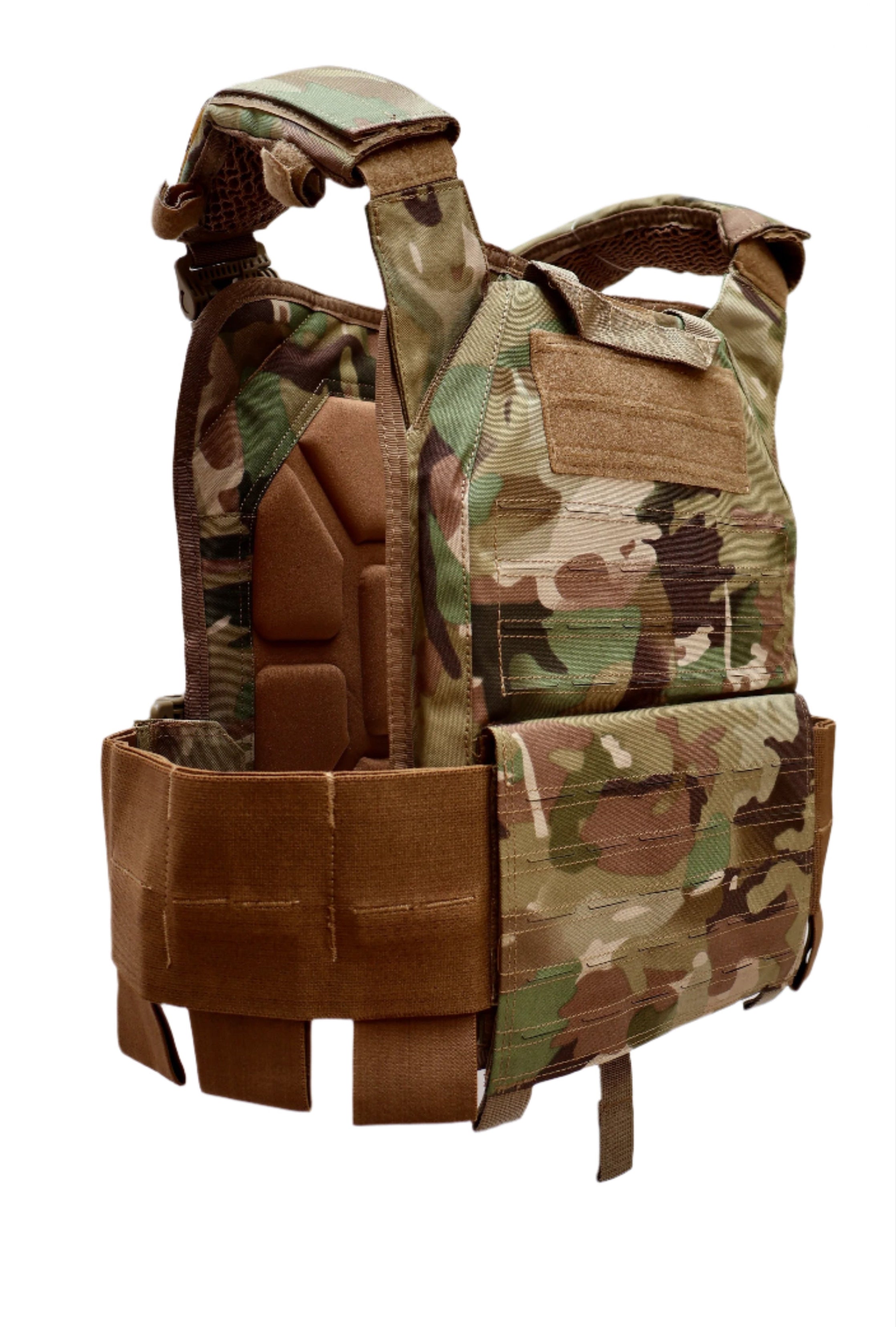 Universal Camouflage tactical vest with brown accents on a white background