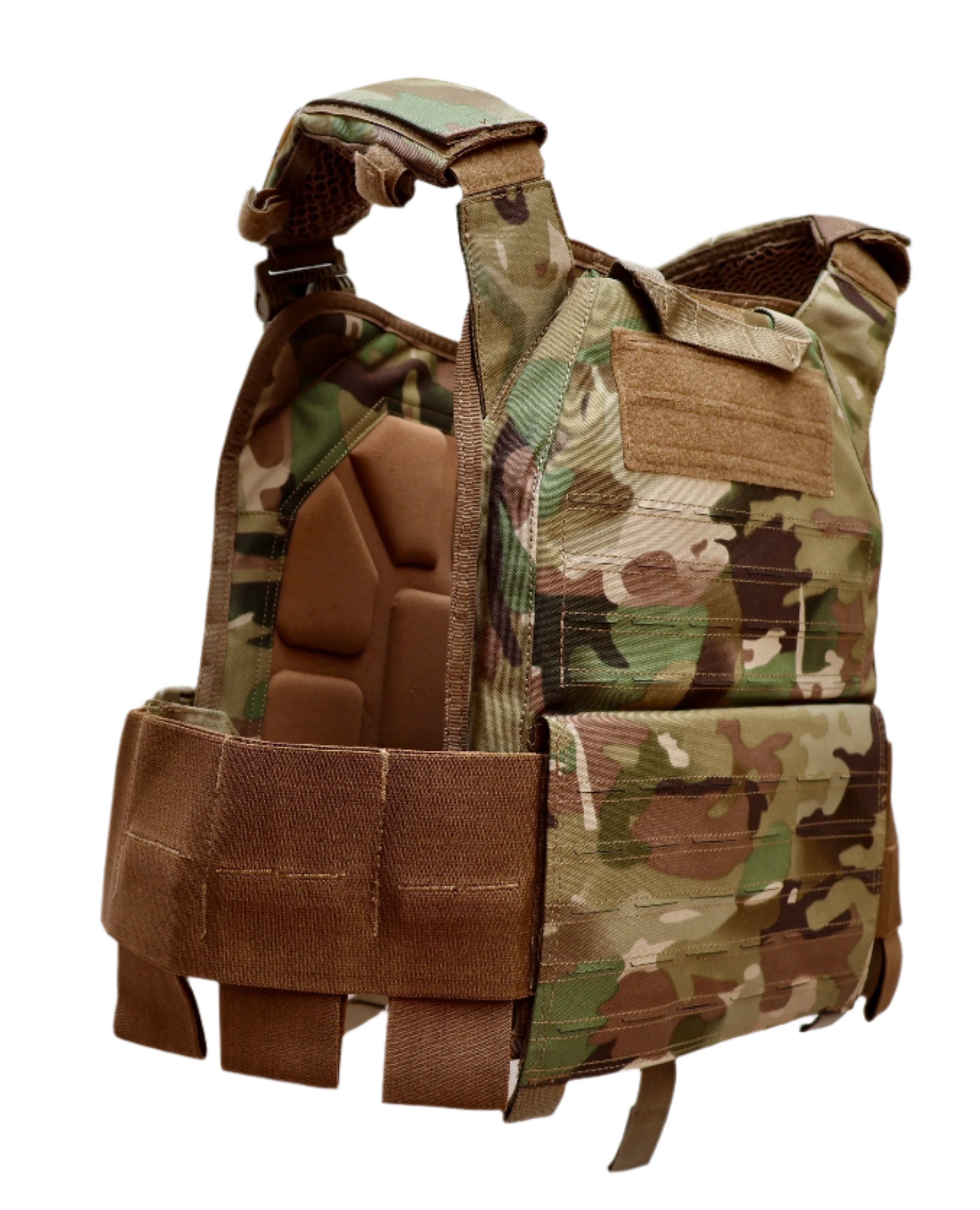 Multicam Camouflage tactical vest with multiple pouches on a white background