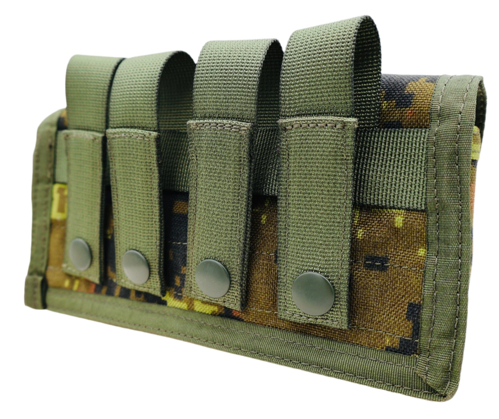 Green tactical magazine pouch with CADPAT/ESTONIAN camouflage pattern on a white background
