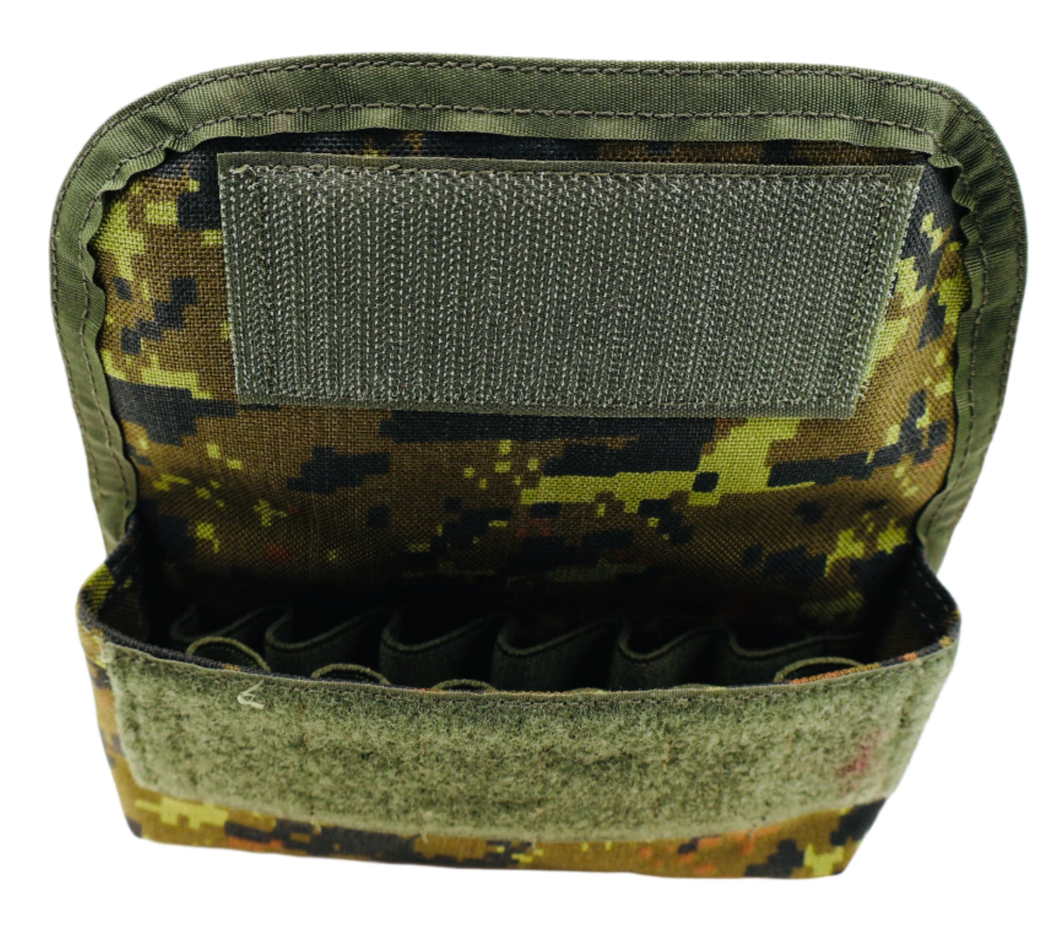 Camouflage tactical pouch with multiple compartments on a white background