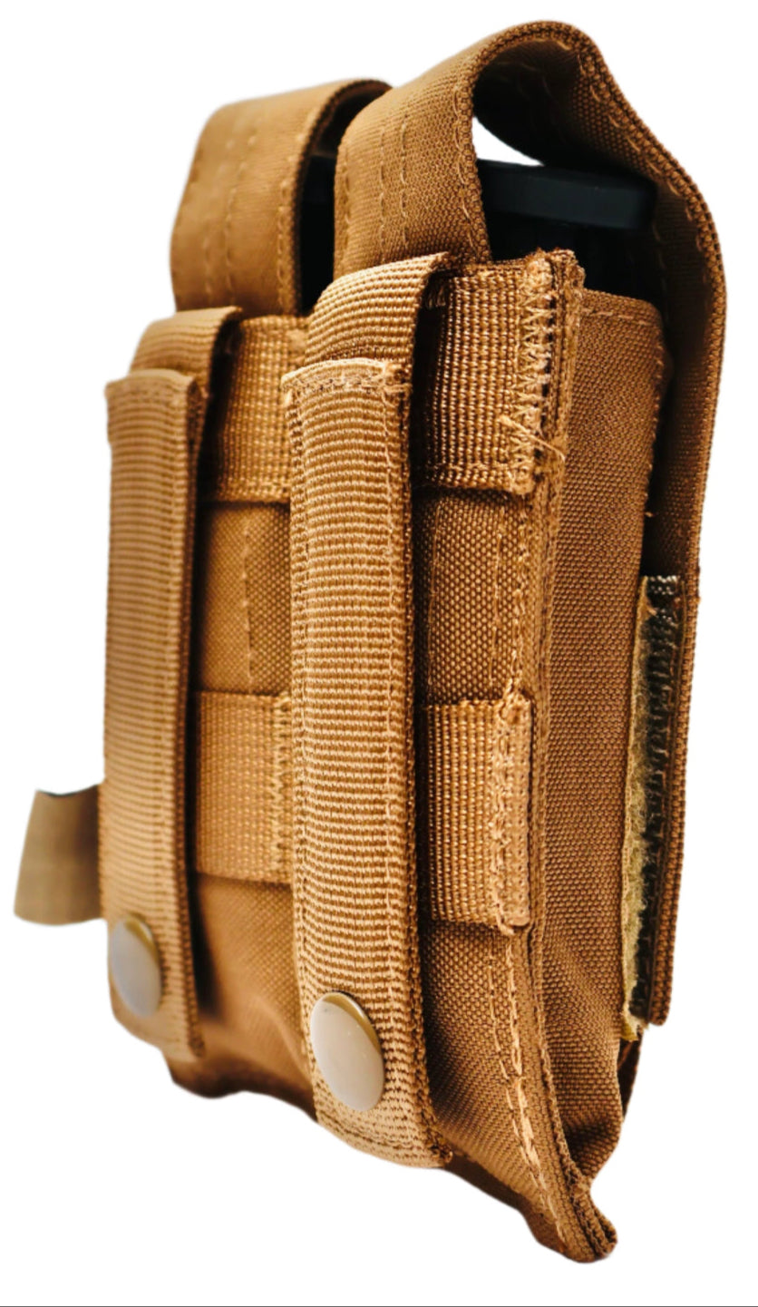 SHE-23030  Double Pistol GRIPTAC Tan tactical pouch with multiple compartments on a white background
