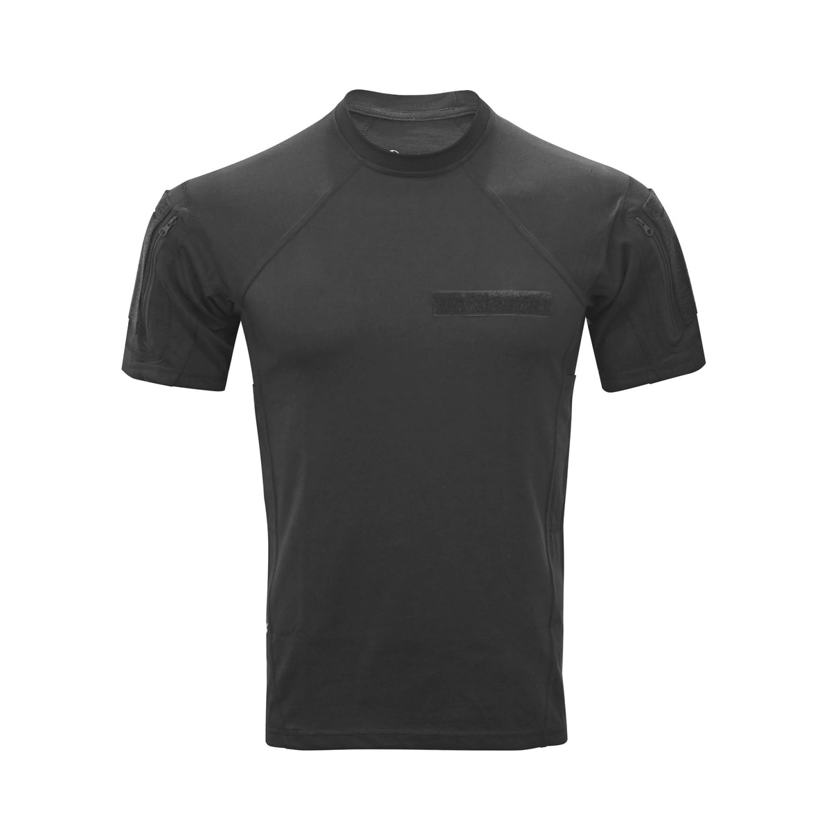 A black short-sleeve athletic t-shirt with a crew neck and a tonal black logo on the left chest, displayed on a clean white background.