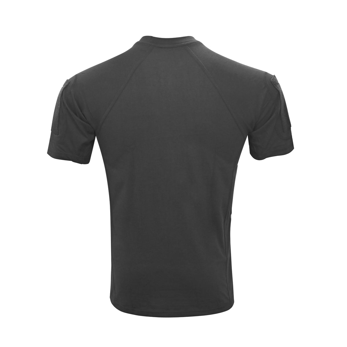 A dark gray short-sleeve athletic t-shirt shown from the back, featuring a crew neck and raglan sleeves, set against a plain white background.
