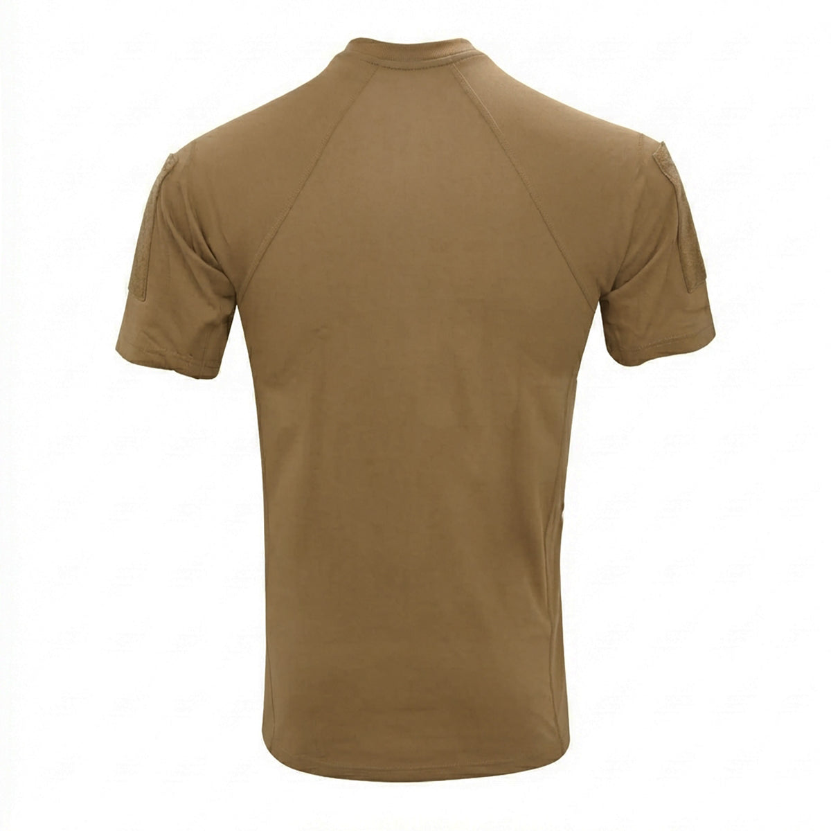 A short-sleeve tactical t-shirt in coyote brown, shown from the back on a clean white background.