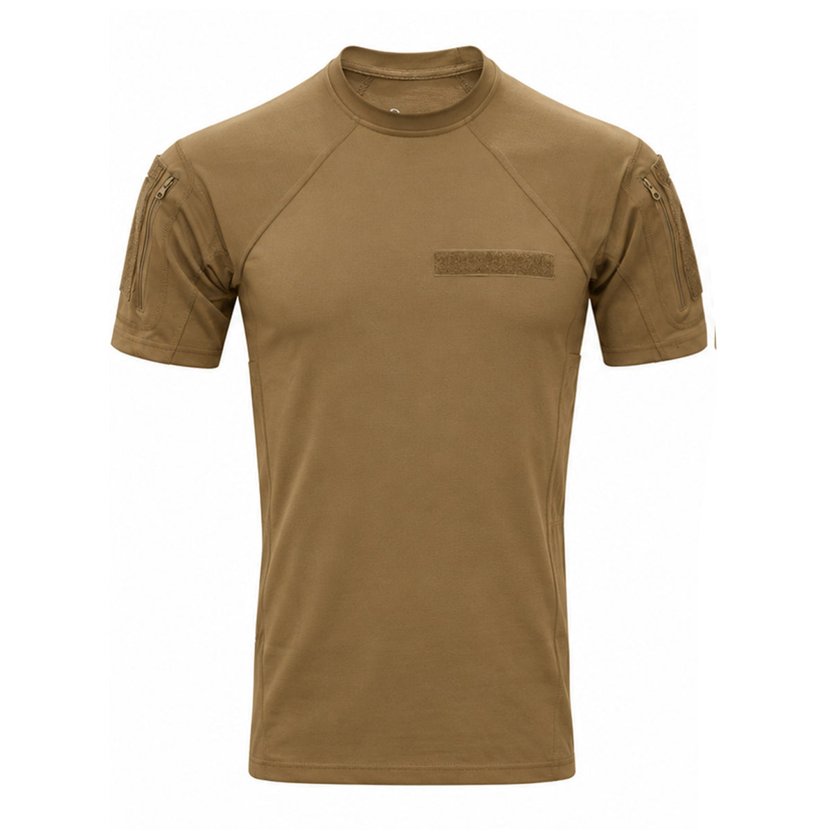 SHE-3089 INSTRUCTOR T-SHIRT A short-sleeve tactical t-shirt in coyote brown, featuring a crew neck, raglan sleeves, zippered sleeve pockets, and a tonal 'Tactical' logo on the left chest, displayed on a clean white background.
