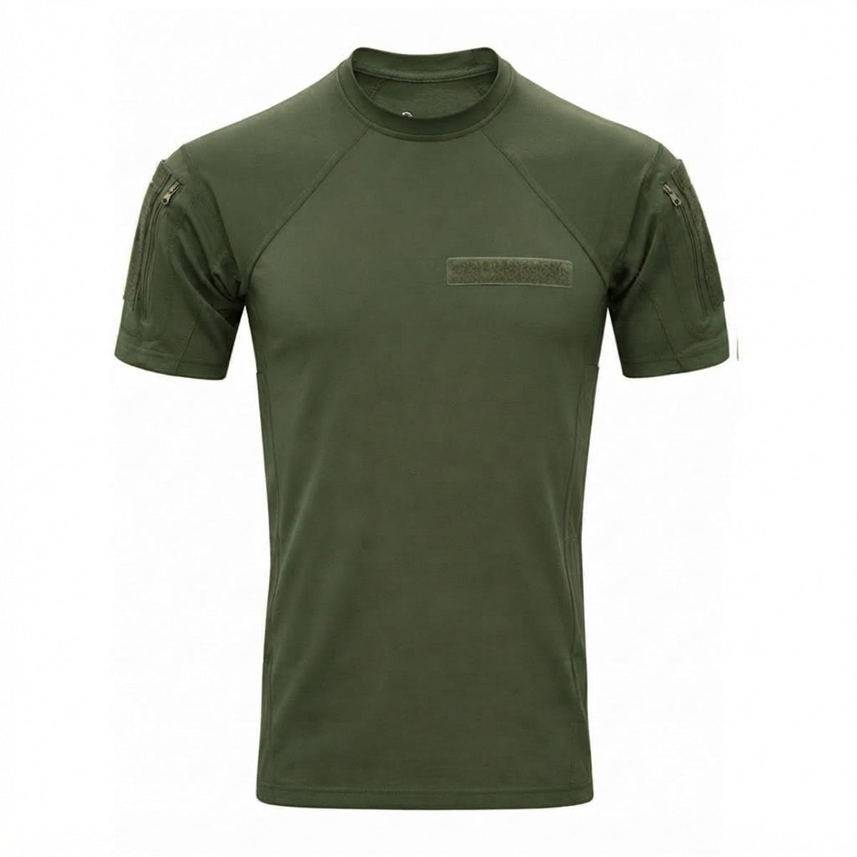 An olive green short-sleeve tactical t-shirt with zippered sleeve pockets and a small rectangular chest patch, shown on a plain white background.