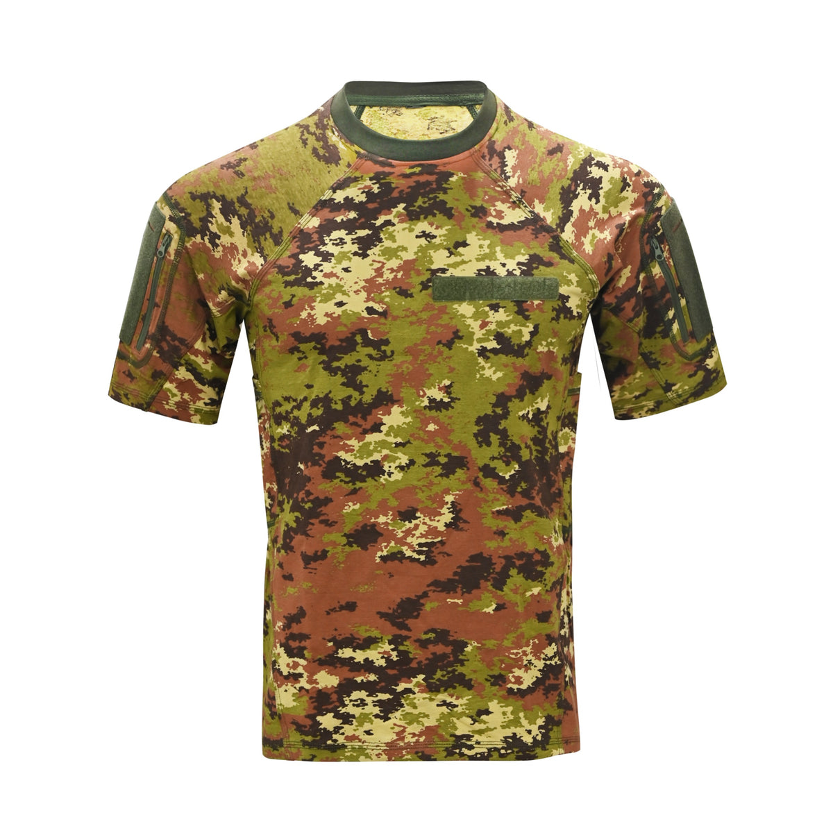 A short-sleeve crewneck t-shirt featuring a Italian Vegetate digital camouflage pattern in shades of olive green, brown, tan, and black, displayed on a clean white background.