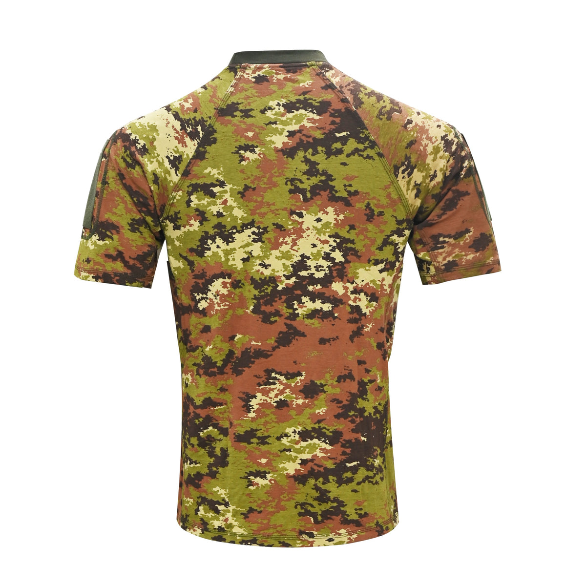 A short-sleeve crewneck t-shirt featuring a Italian camouflage pattern in shades of olive green, brown, tan, and black, shown from the back on a white background.