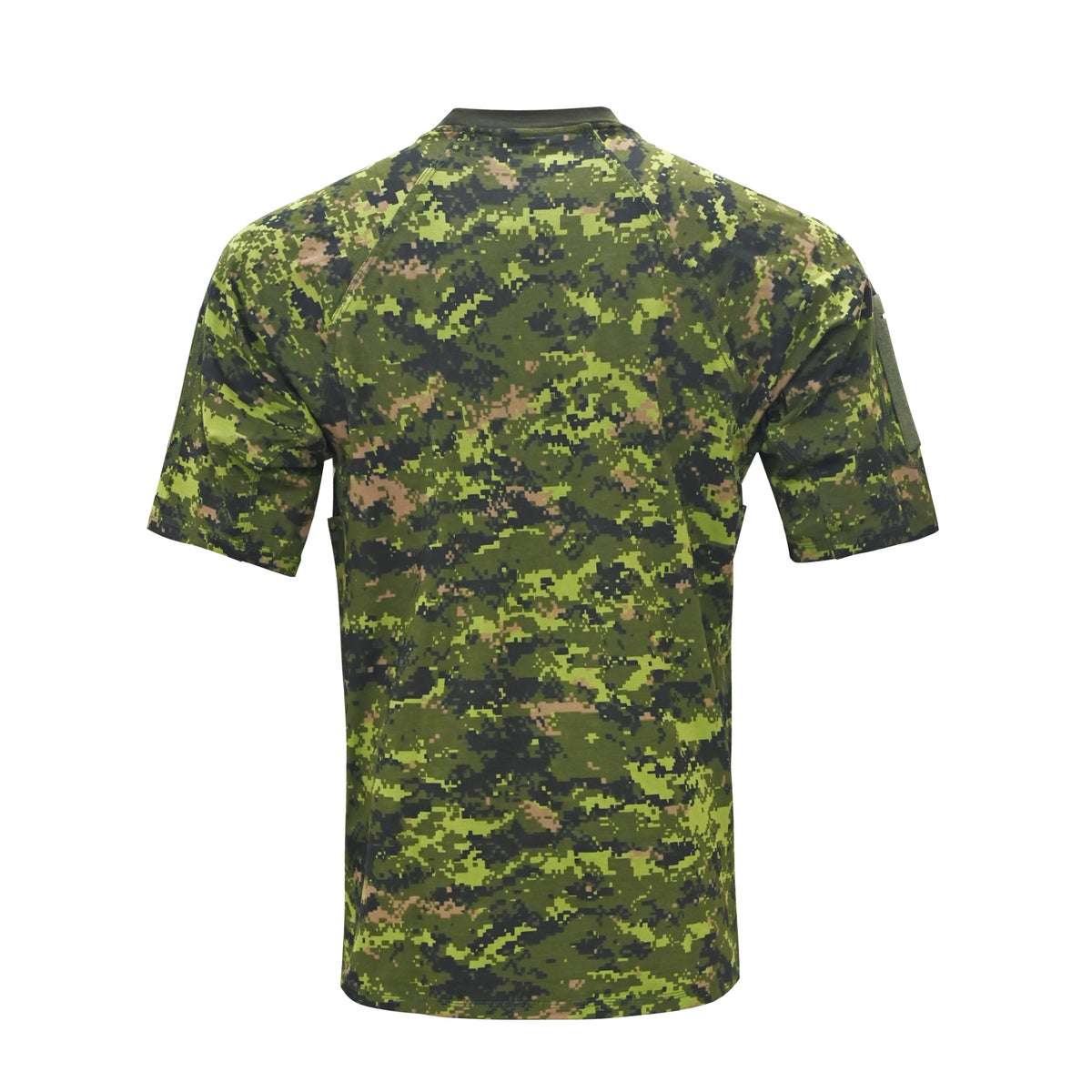 A short-sleeve crewneck t-shirt featuring a green digital camouflage pattern, shown from the back on a solid white background.