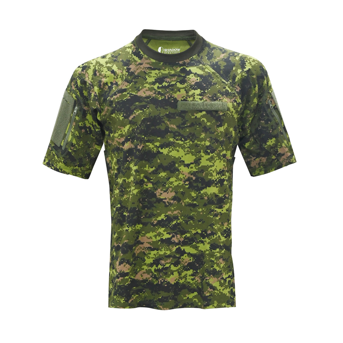 SHE-3089 INSTRUCTOR T-SHIRT A short-sleeve tactical combat shirt featuring a Woodland Digital camouflage pattern, with a chest pocket and a sleeve pocket, shown on a plain white background.