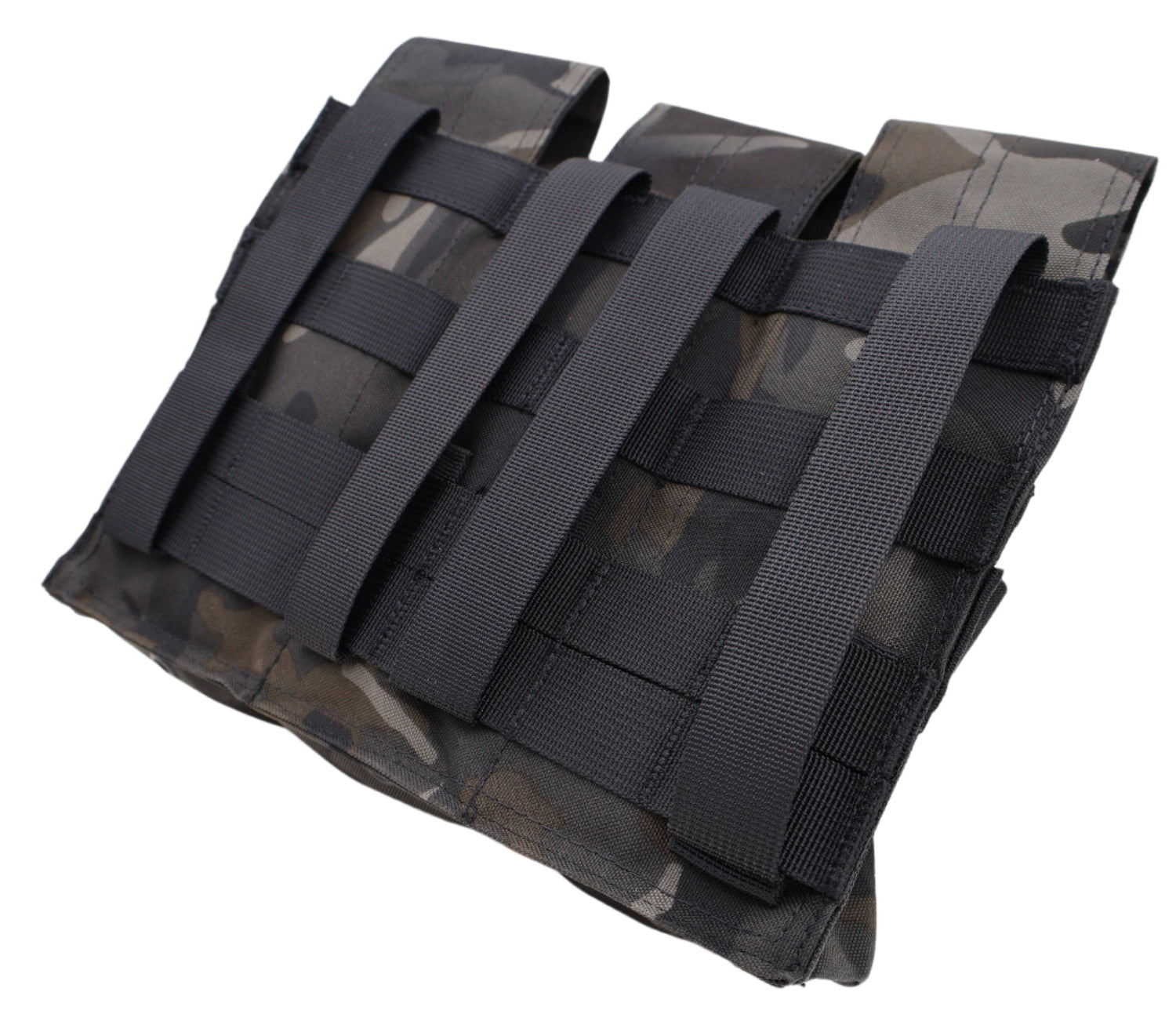 Black tactical magazine pouch with straps on a white surface