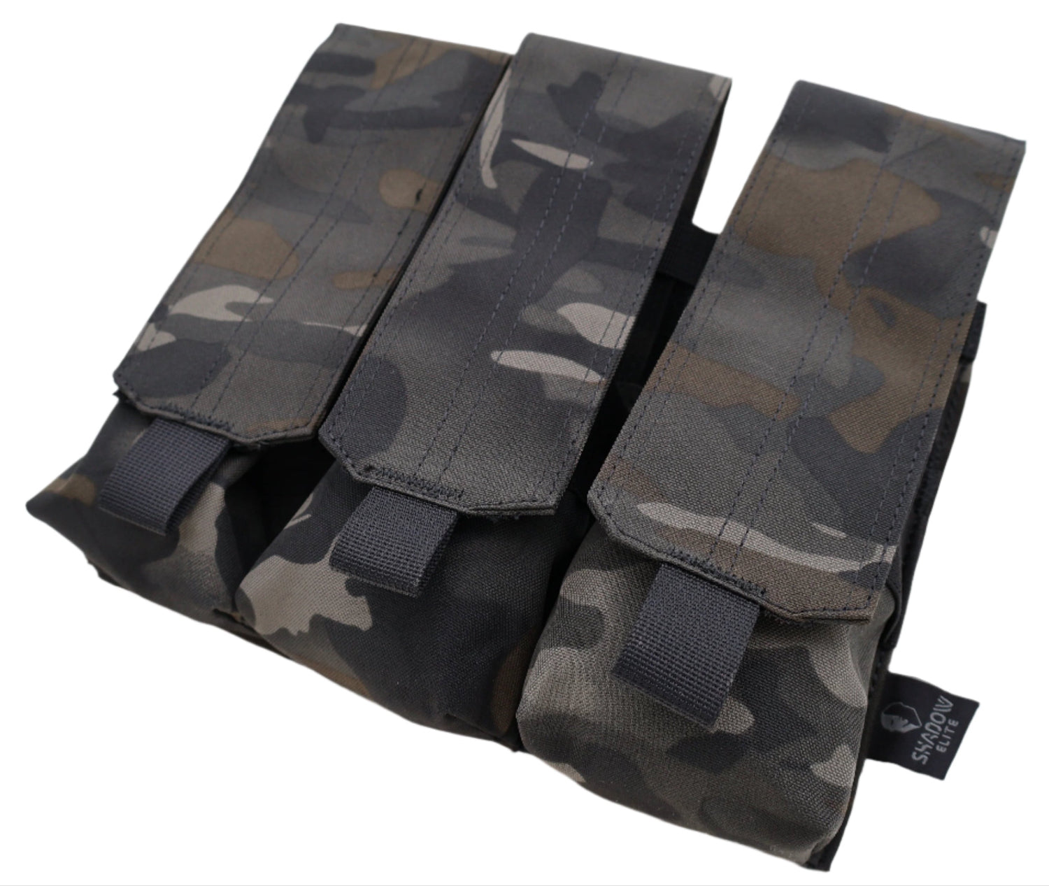 Multicam Black Camouflage pouch with multiple compartments on a white surface.