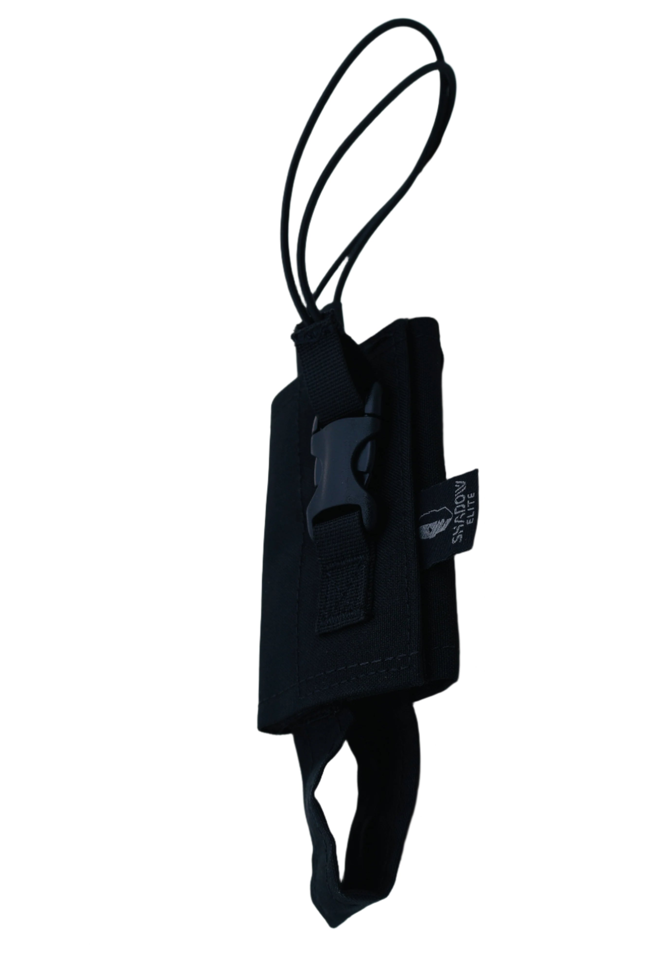 frontview of A black fully adjustable radio pouch with a buckle closure and an adjustable strap. 