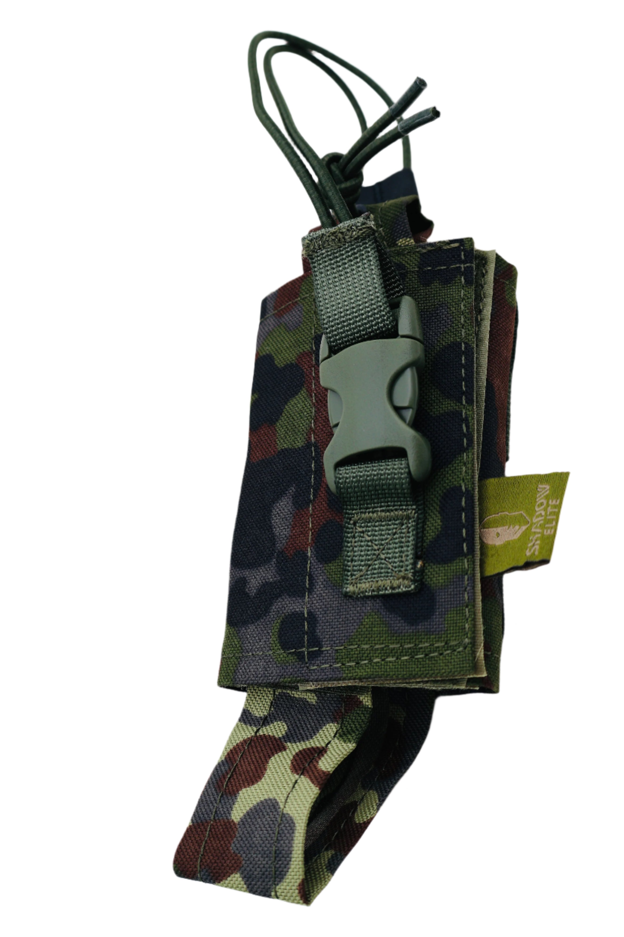 view of A German Flecktarn Camouflage fully adjustable radio pouch with a buckle closure and an adjustable strap.