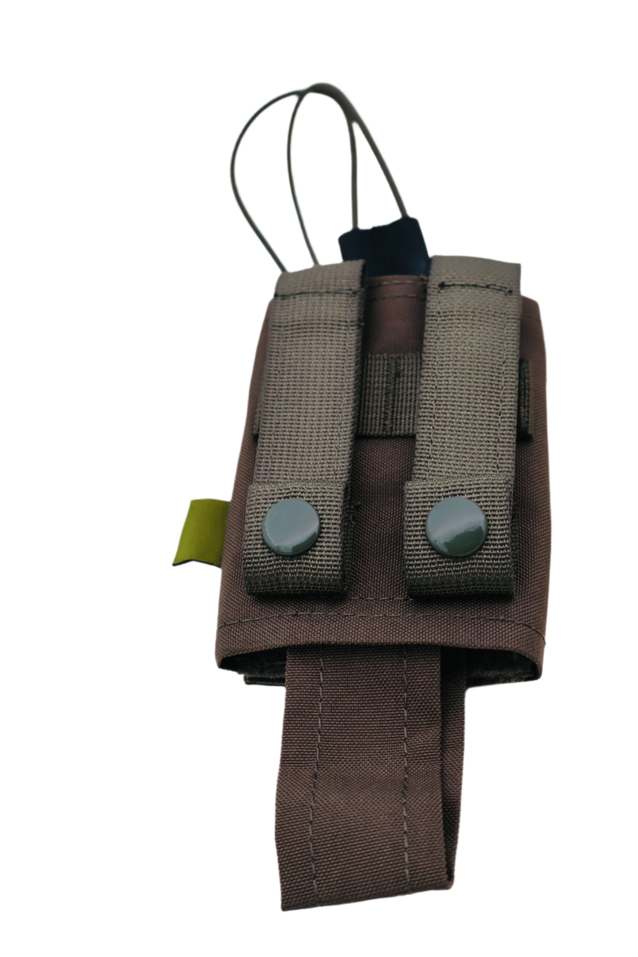 backside view of A Ranger Green fully adjustable radio pouch with a buckle closure and an adjustable strap.